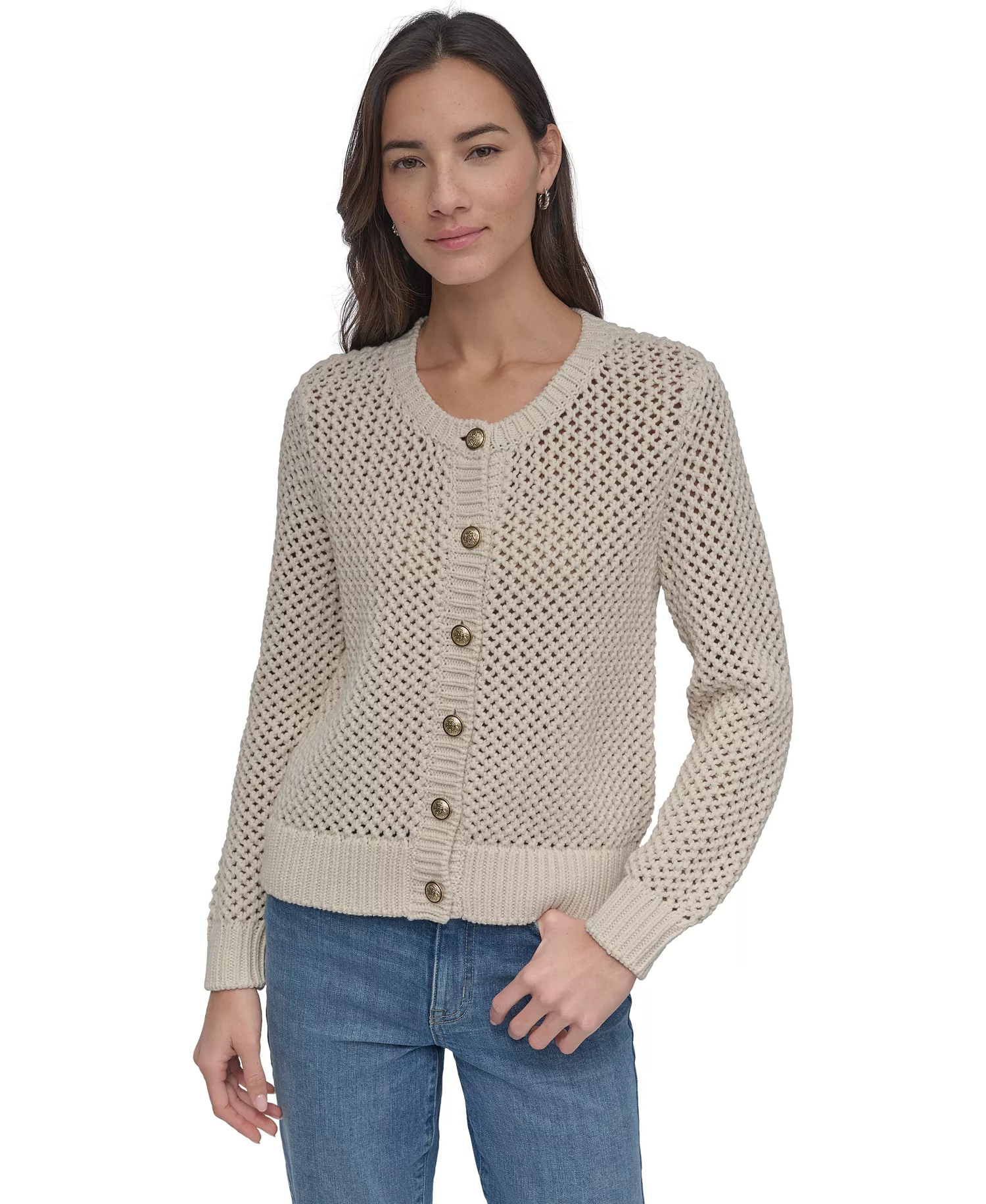 Women's Open-Knit Cardigan Sweater - Ivory/Silver - L