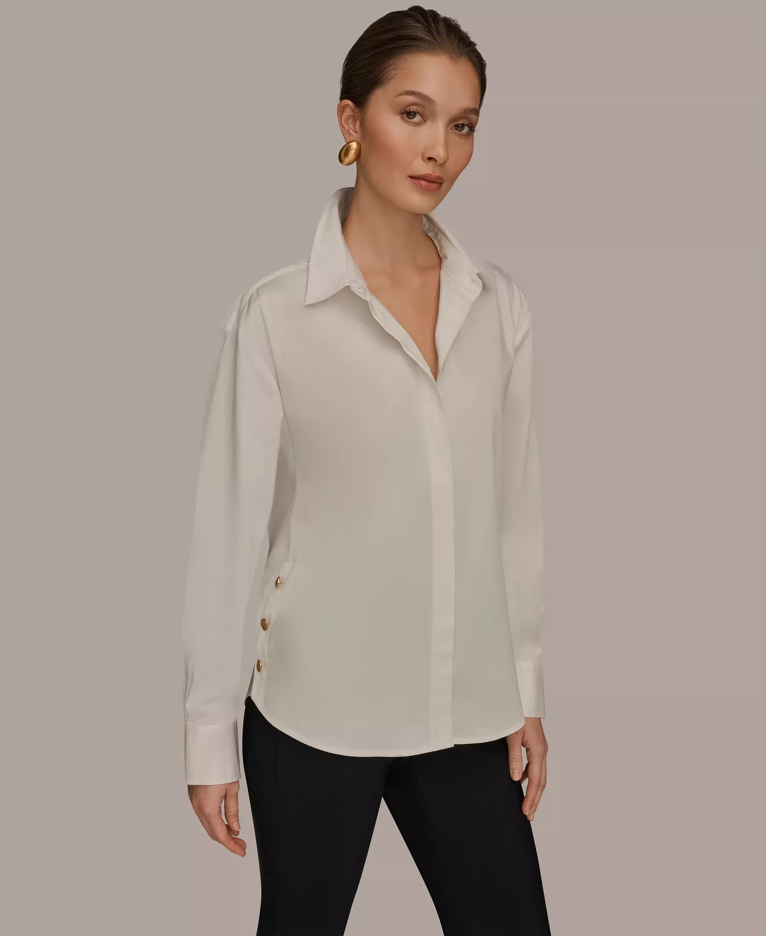 Women's Long-Sleeve Button-Up Shirt - Cream - L