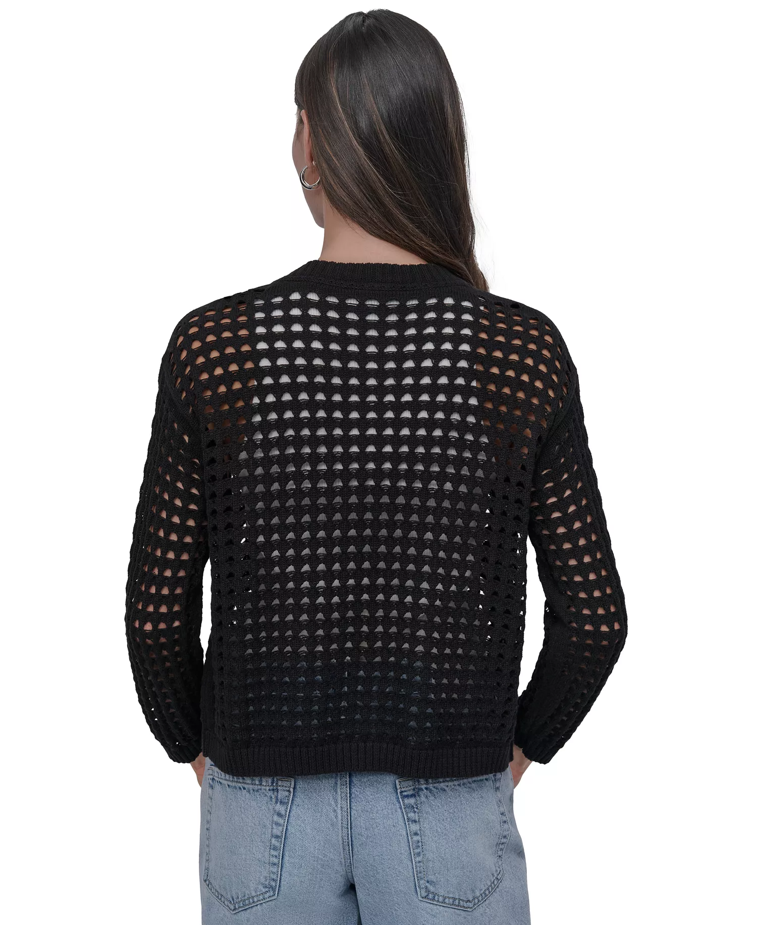 Petite Open-Stitch Cardigan Sweater - Black - P/L