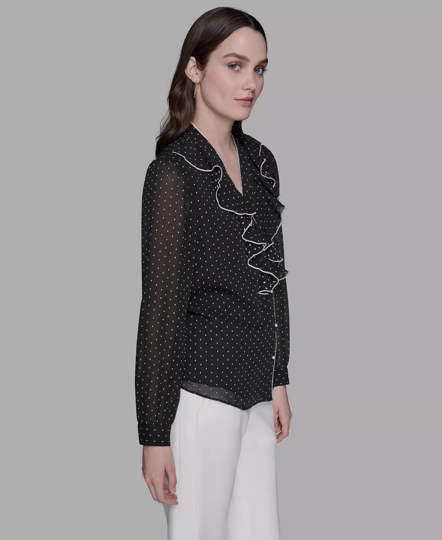 Women's Clip-Dot Ruffled Blouse Top - Black/soft White - L