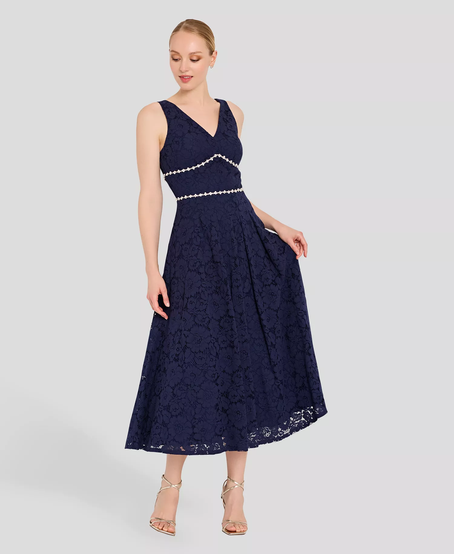 Women's V-Neck Lace Tea Length Ball Gown - Navy - 10