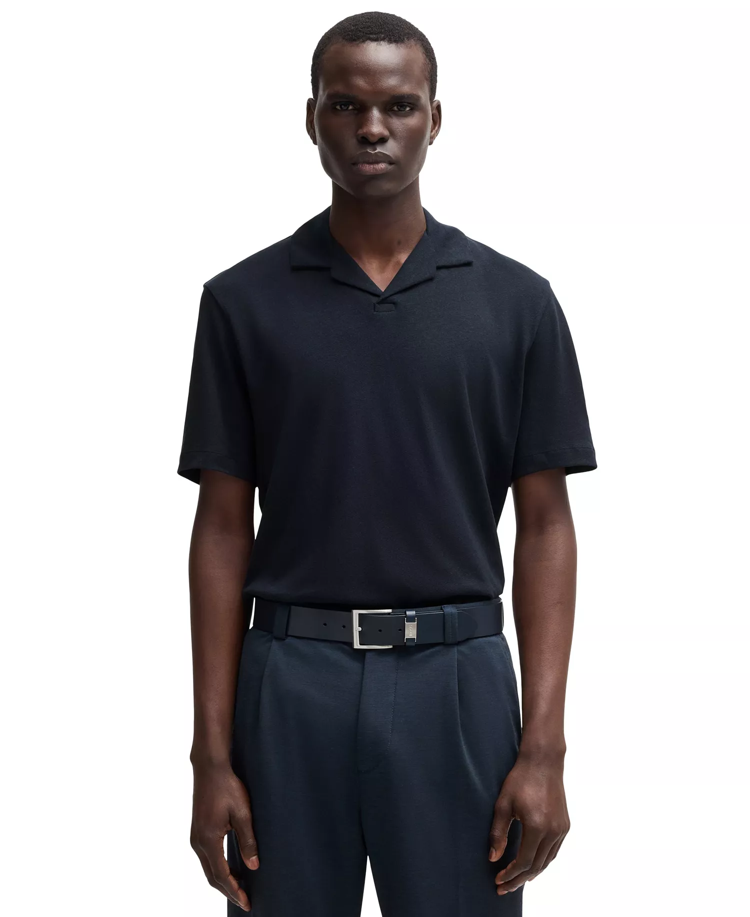 Men's Cotton Linen Regular-Fit Polo Shirt - Dark Blue - L