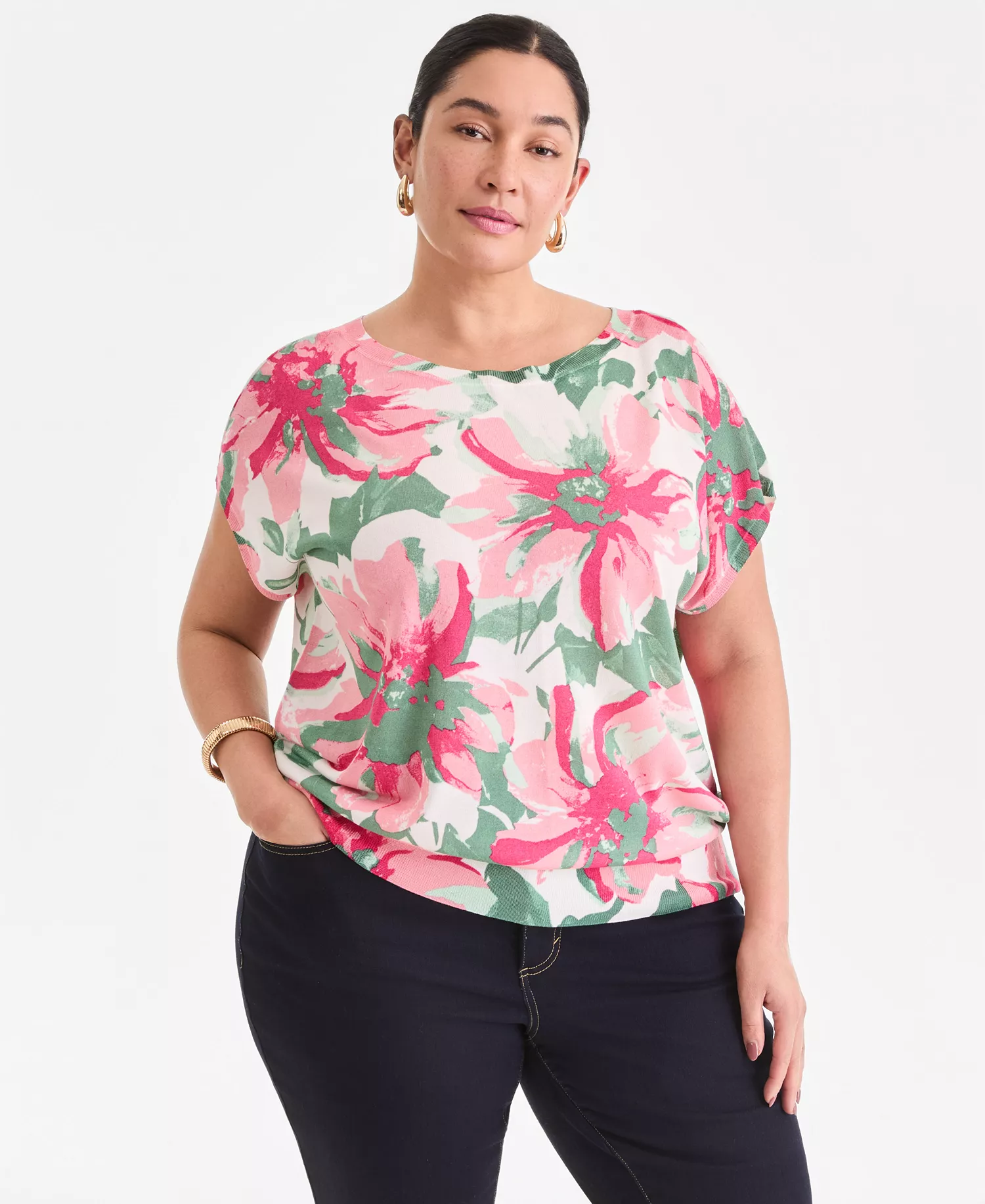 Plus Size Printed Wide-Neck Dolman-Sleeve Sweater, Created for Macy's - Farrah Bouquet - 0X