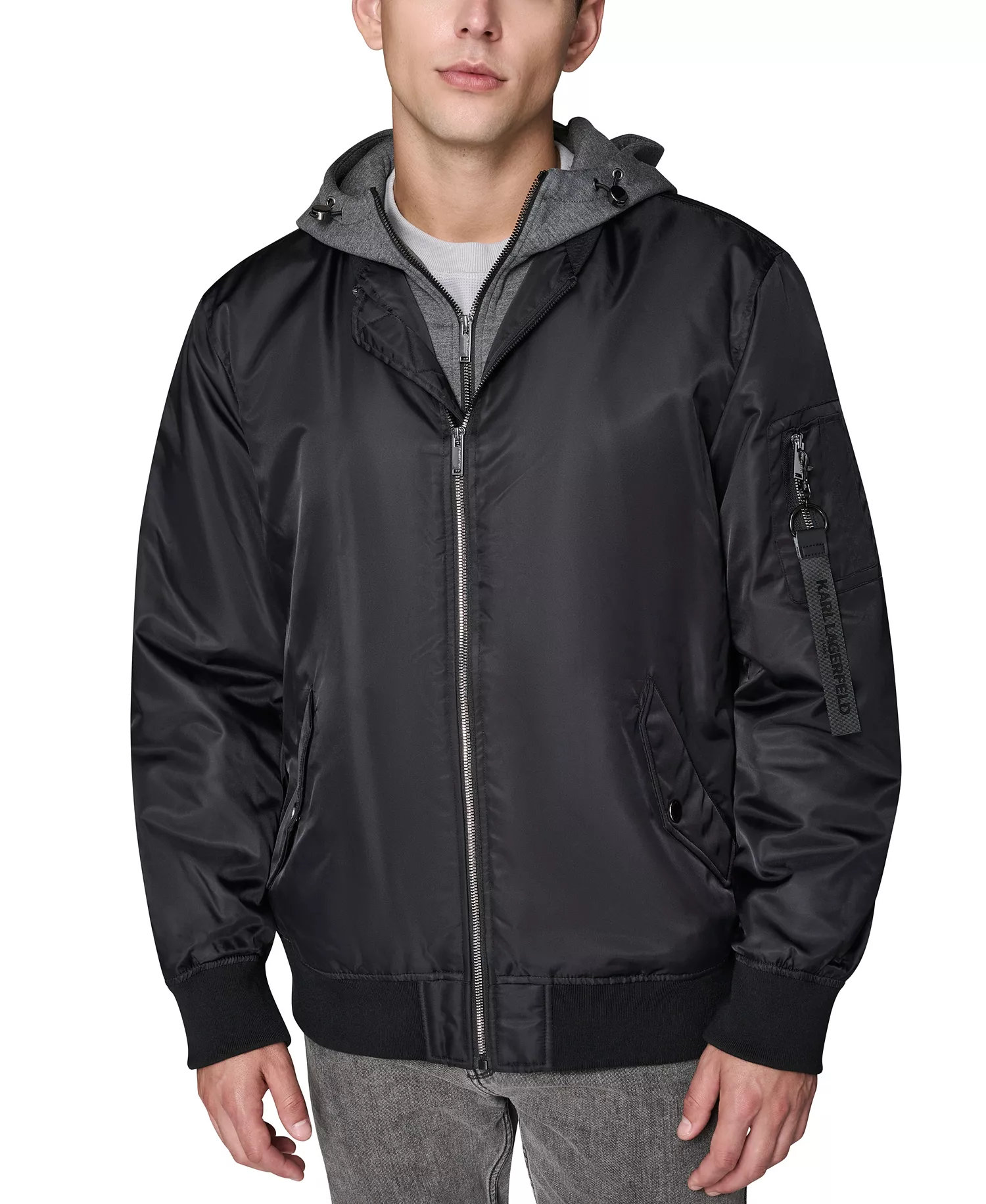 Men's Embroidered Signature Hooded Bomber Jacket - Black - 2XL