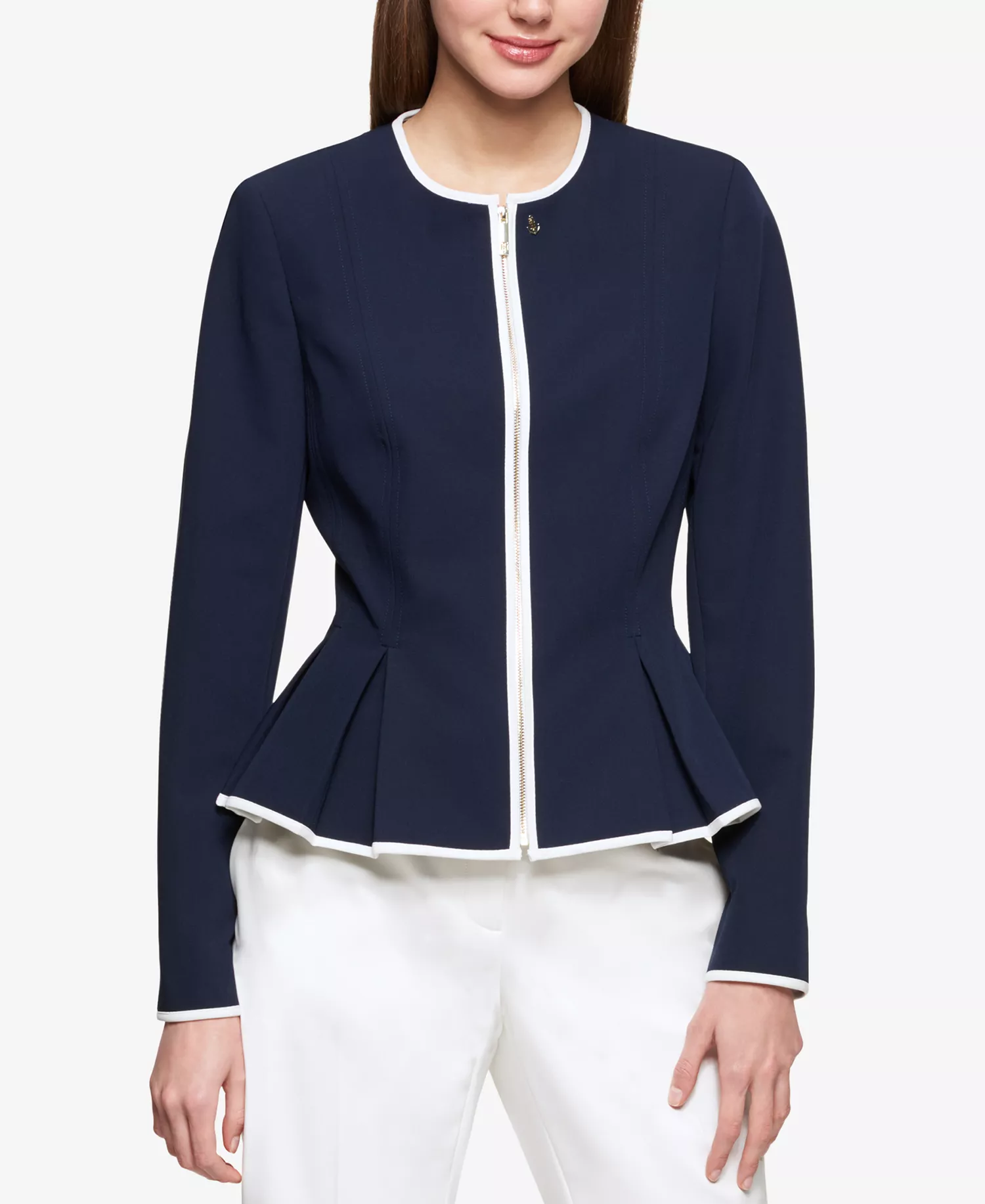 Women's Zip-Front Peplum Jacket - Midnight/Ivory - 0