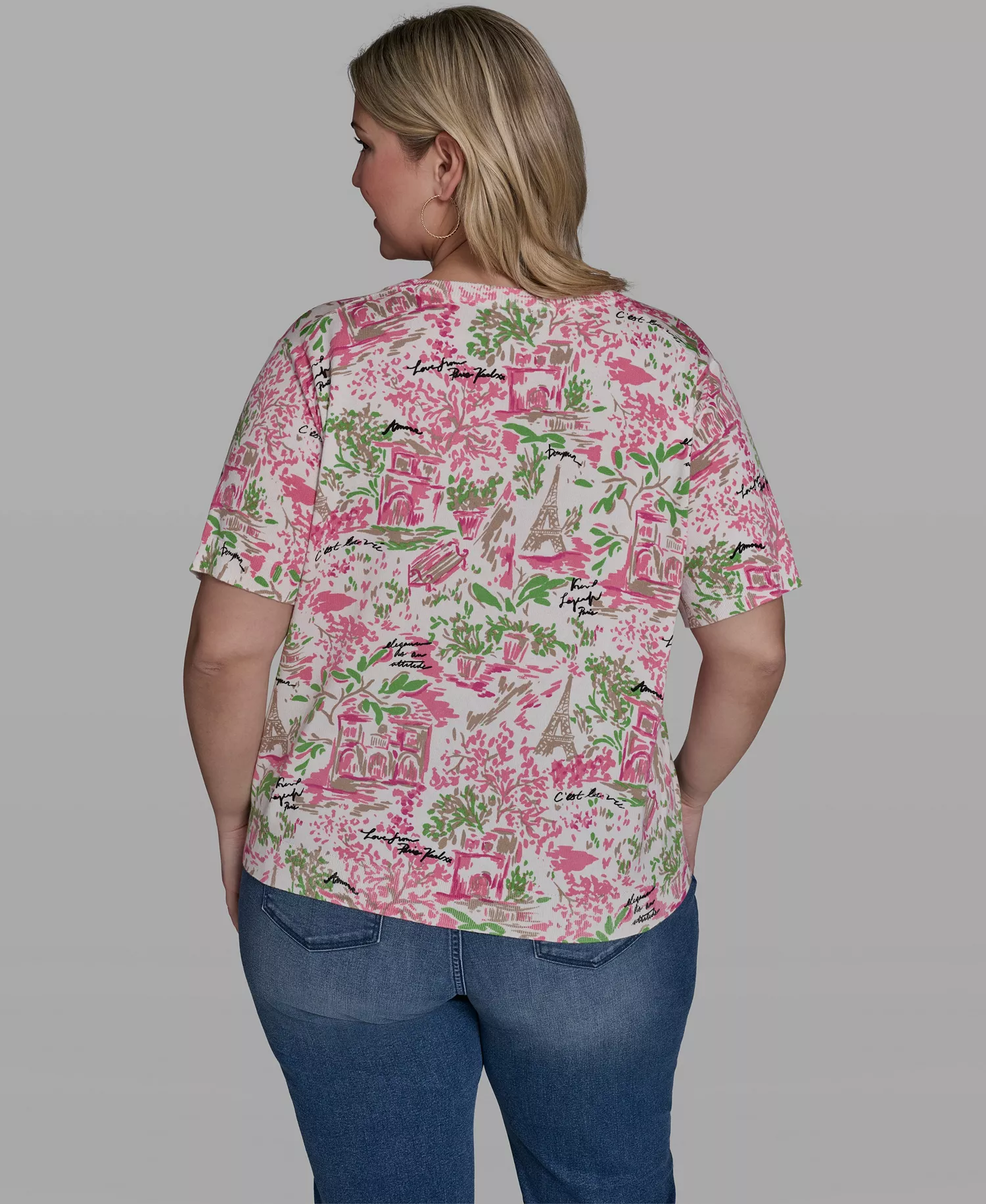 Plus Size Floral Printed V-Neck Top - Soft Whtie/Pink Multi - 0X