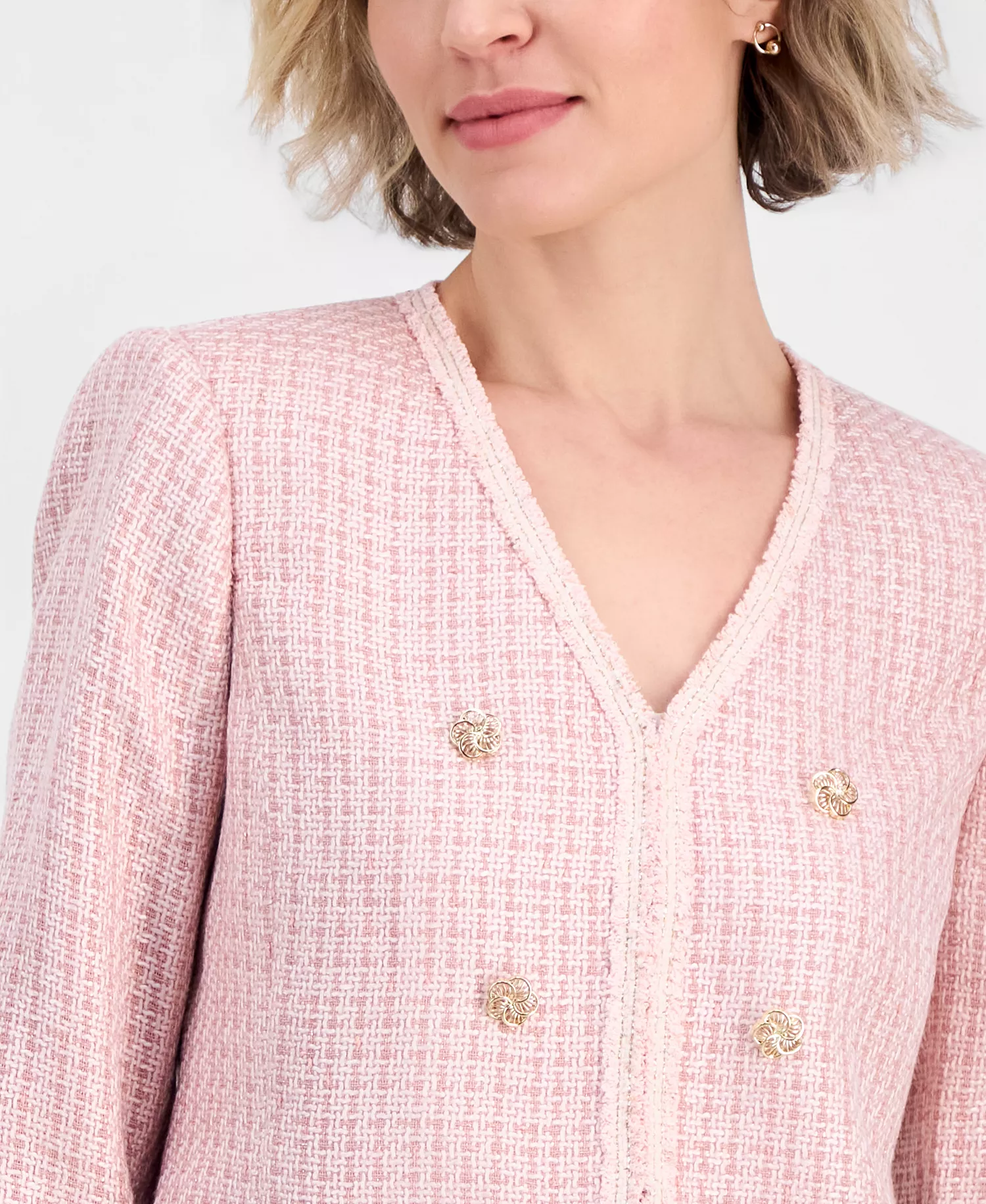Women's V-Neck Boucle-Knit Jacket  - Slipper Pink - 10
