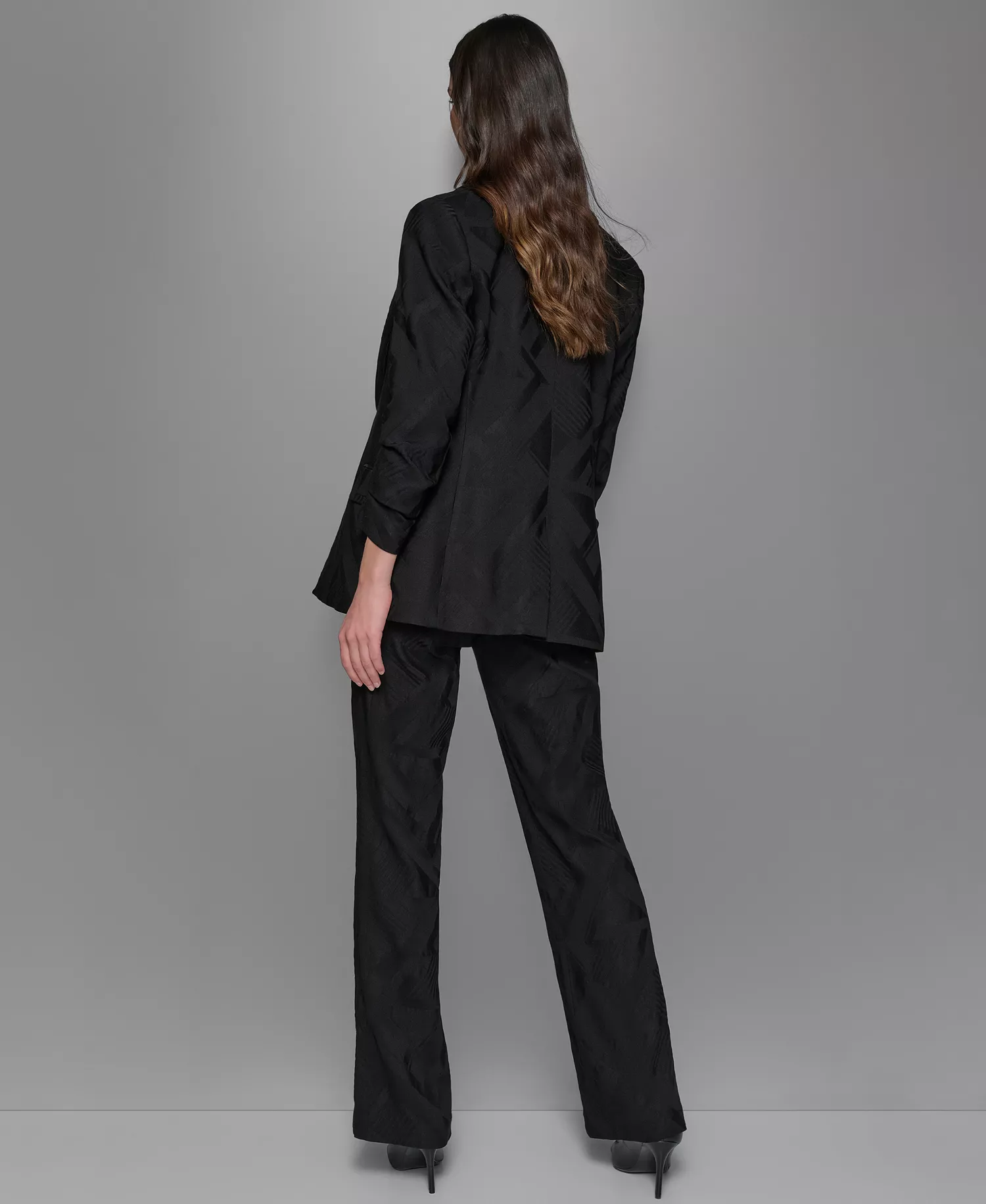 Jacquard Shawl-Collar Blazer, Tie-Neck Blouse & Jacquard Wide-Leg Pants - Black - 10