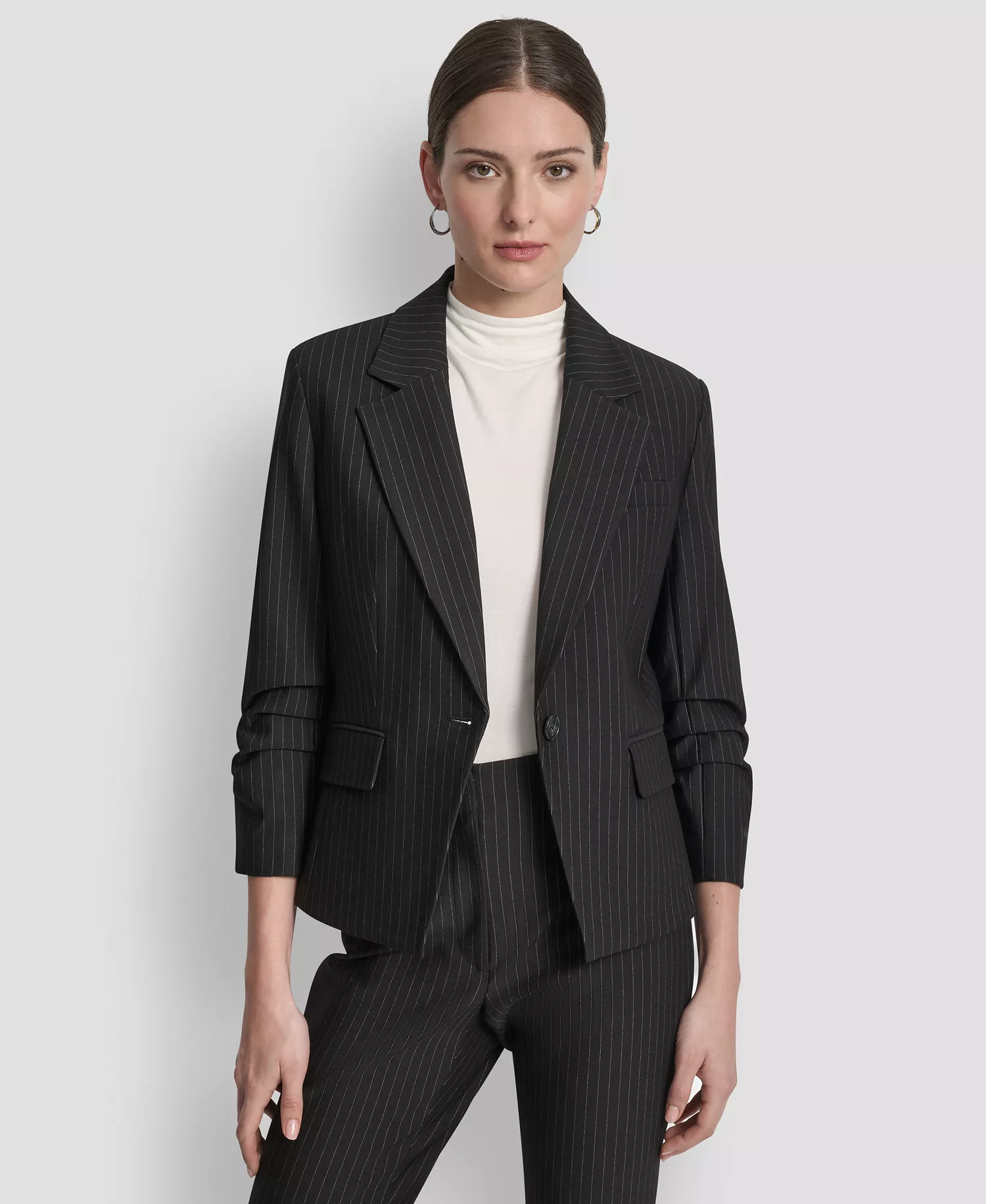 Women's Pinstripe Ruched-Sleeve One-Button Blazer - Black Pinstripe - 10