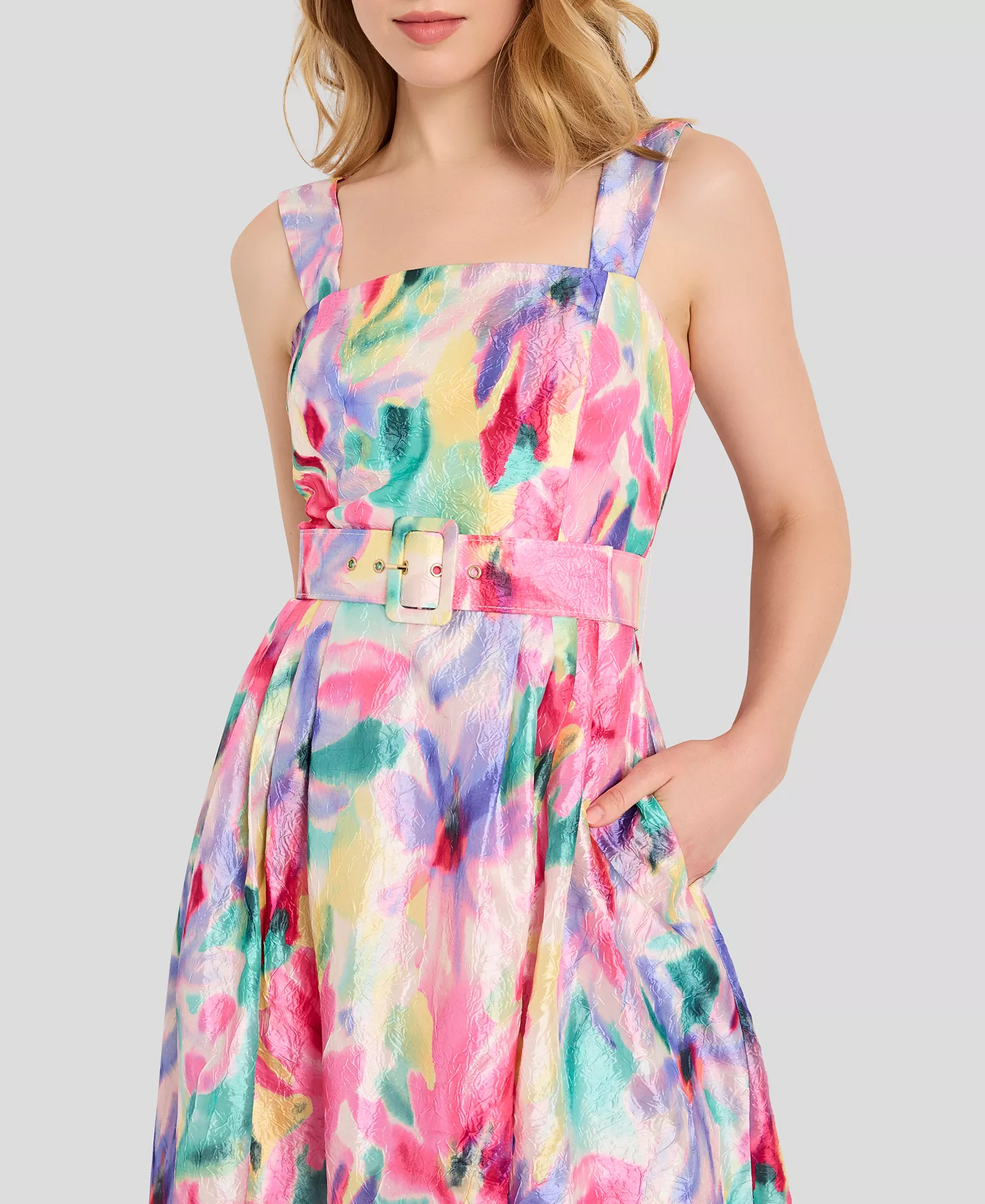 Women's Crinkle Belted Square Neck Midi Dress - Ivory Multi - 10