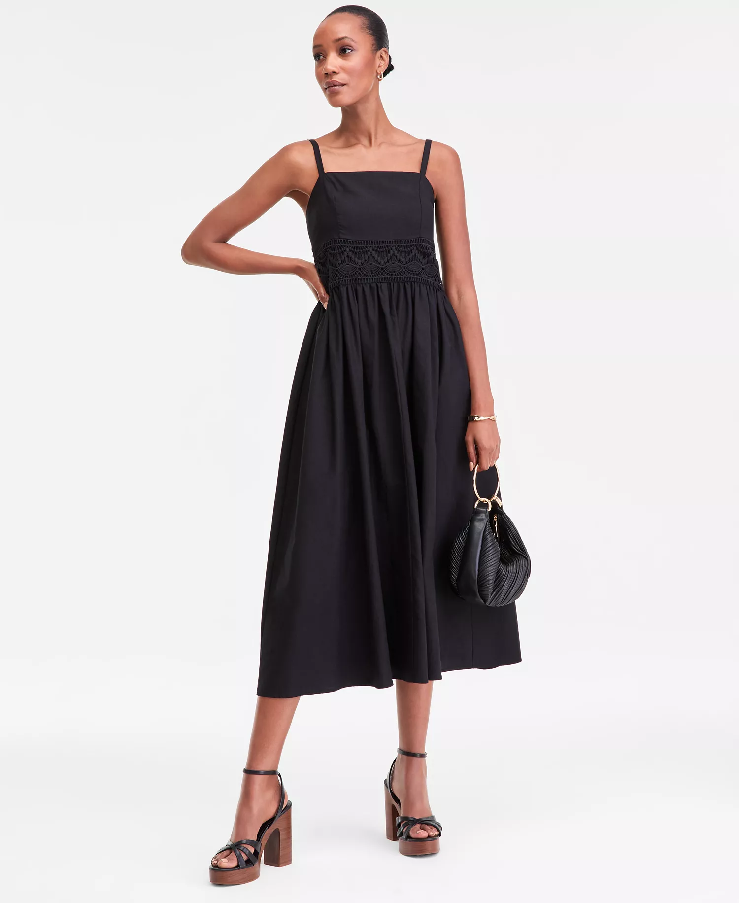Women's Sleeveless Lace-Inset Cotton-Linen Blend Midi Dress, Macy's Exclusive - Deep Black - L