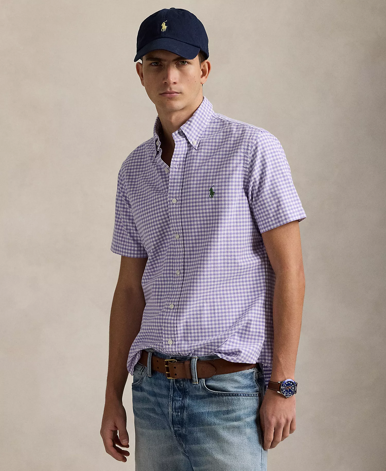 Men's Classic-Fit Gingham Oxford Shirt - Aix Lavender - L