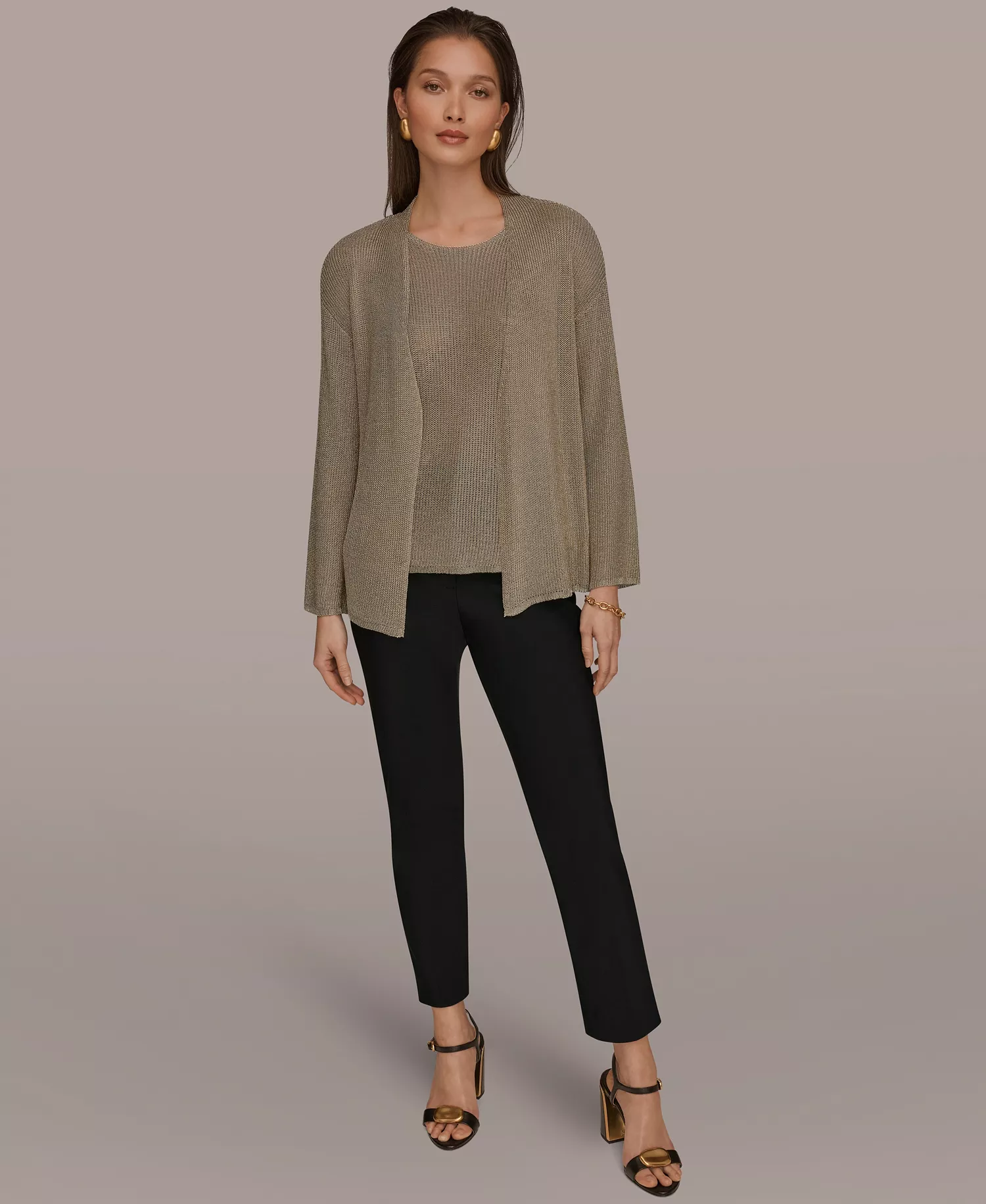 Women's Metallic V-Neck Long-Sleeve Cardigan - Tan/Beige - L