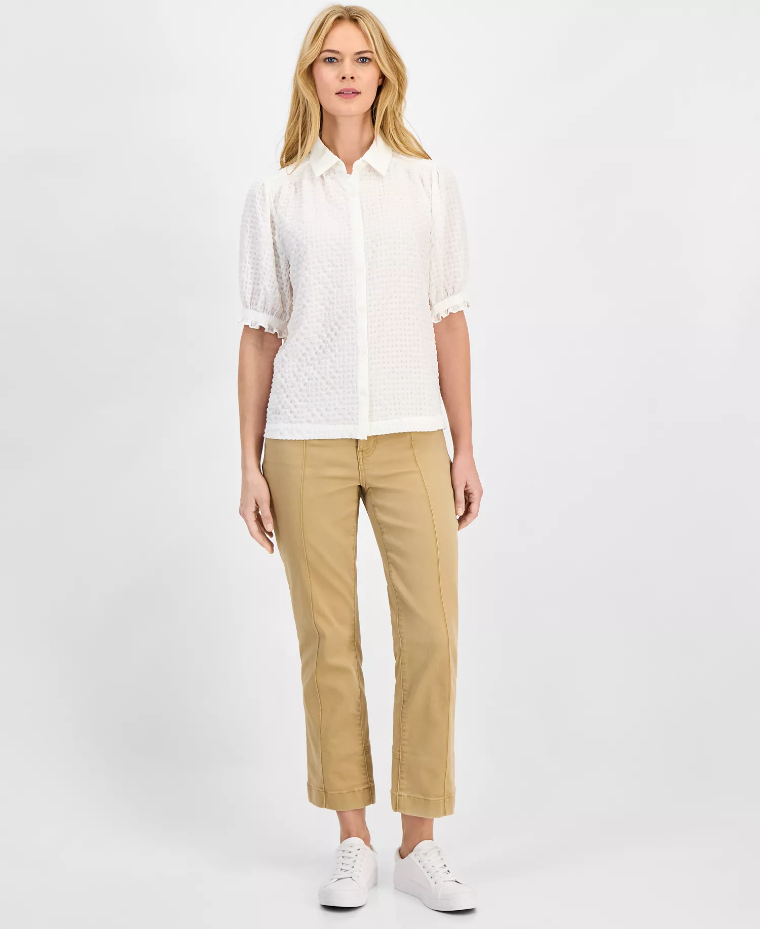 Women's Checked Short-Sleeve Smocked Blouse - Ivory - L