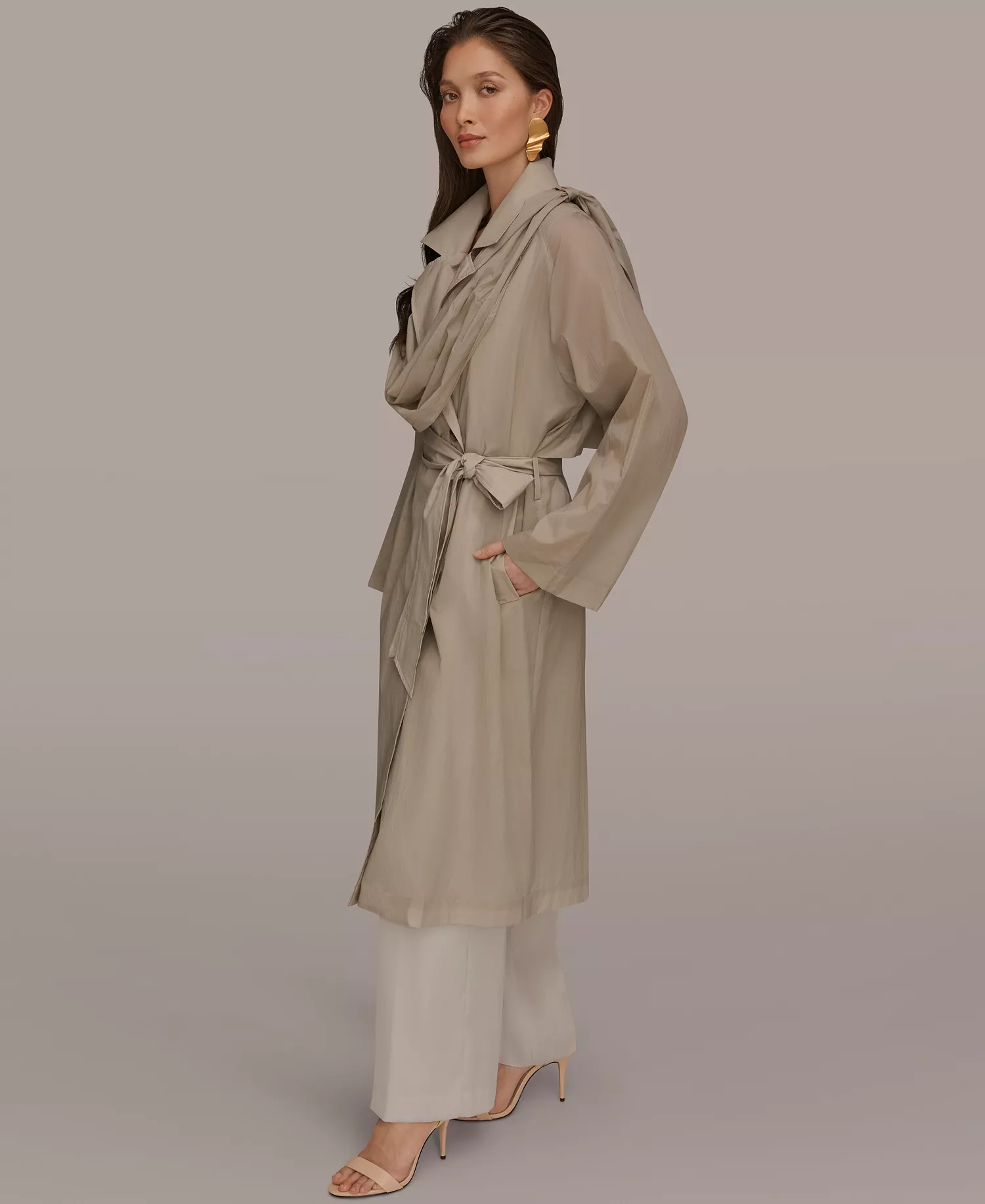 Women's Belted Collared Neck Coat - Tuscan Grey - L