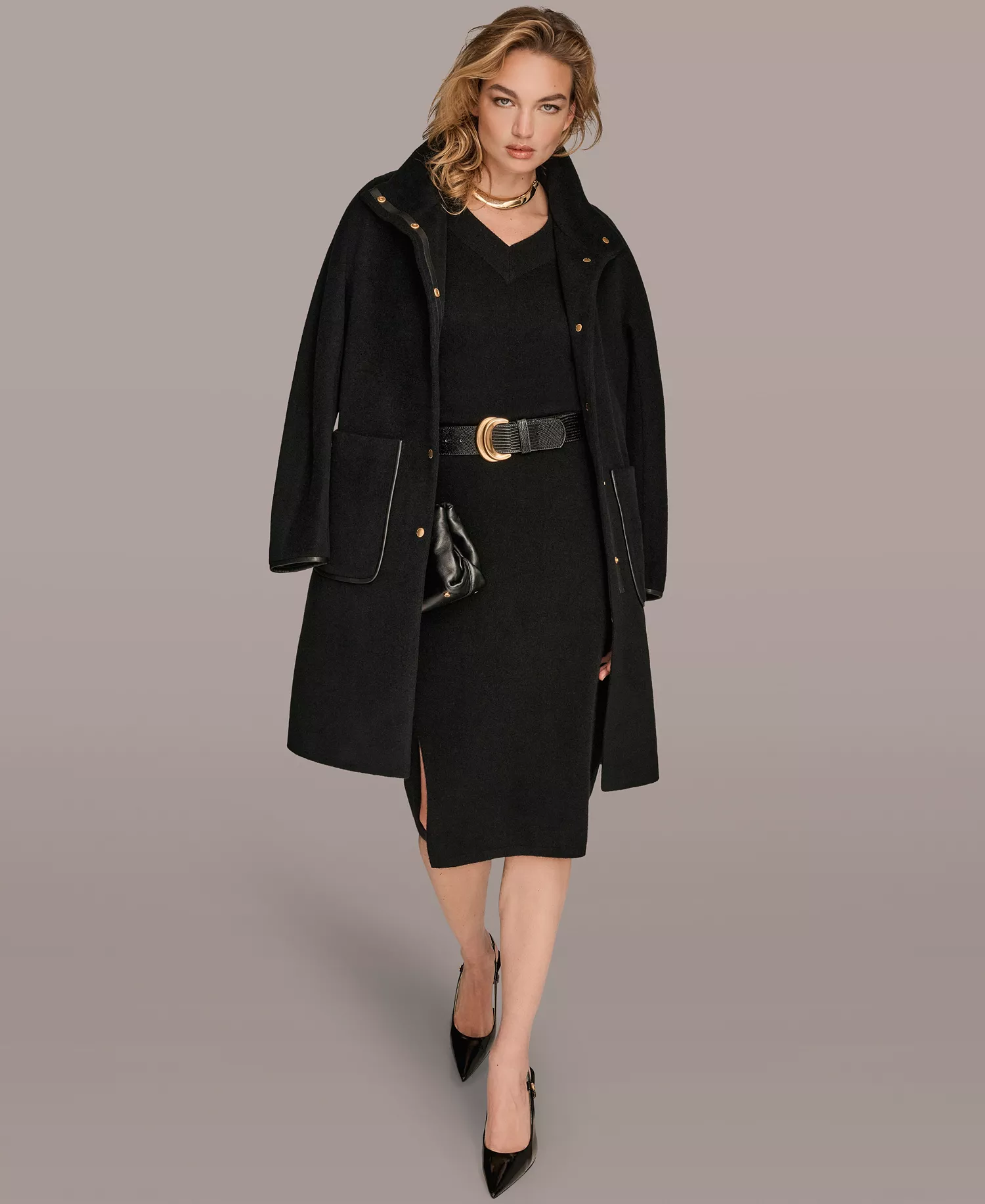 Women's Snap Button Scarf Coat - Black - L