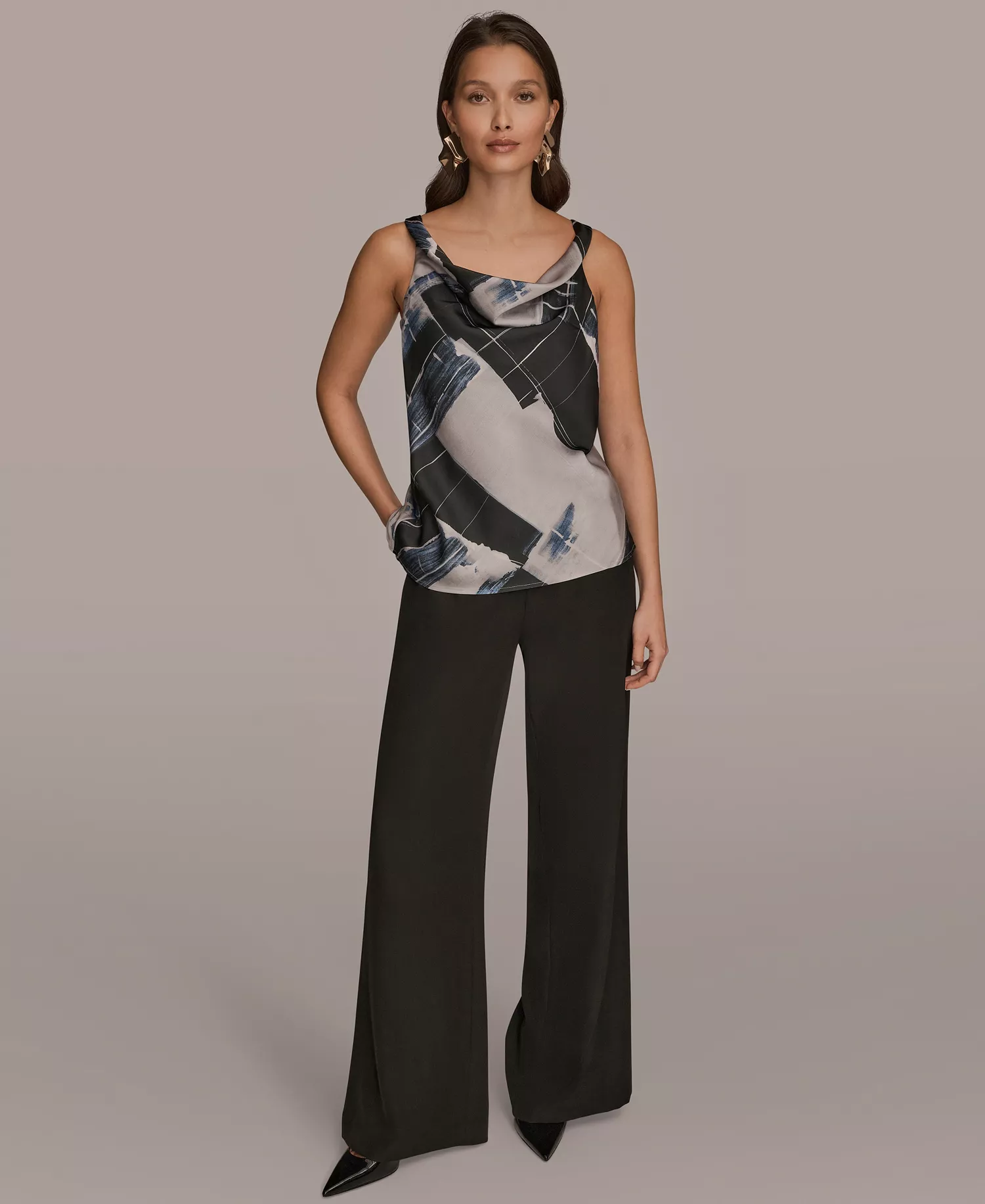 Women's Twist Shoulder Cowl Neck Sleeveless Camisole Top - Vapor Multi - L