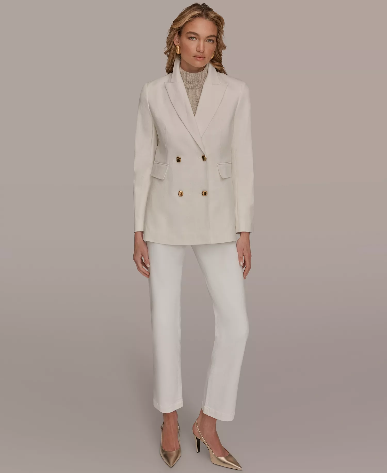 Women's Double Breasted Denim Jacket - Cream - L