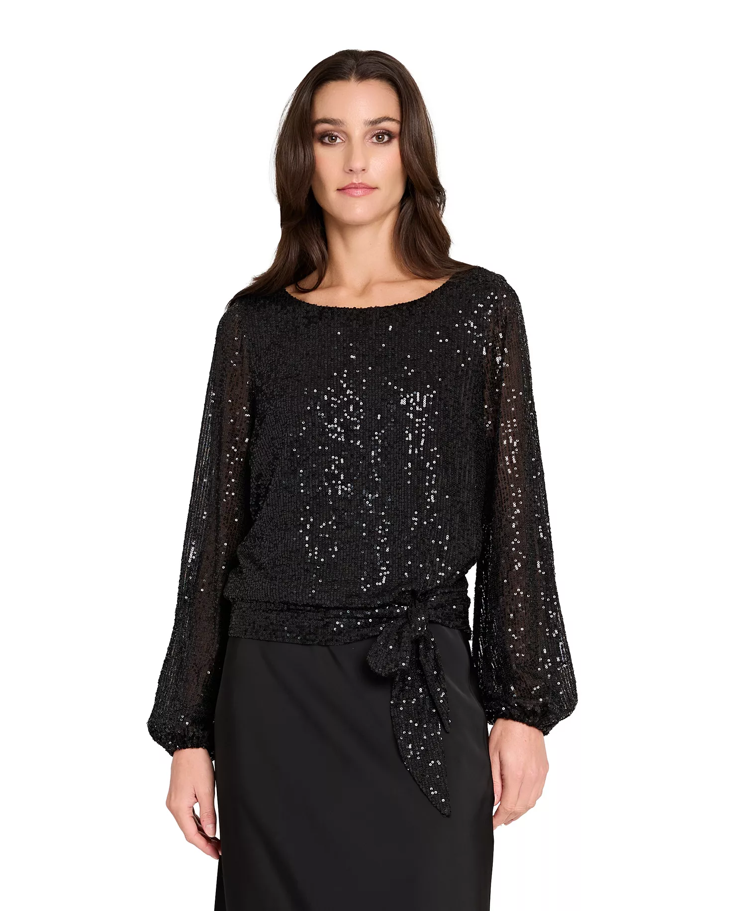 Petite Sequin Tie-Hem Top - Black - P/L