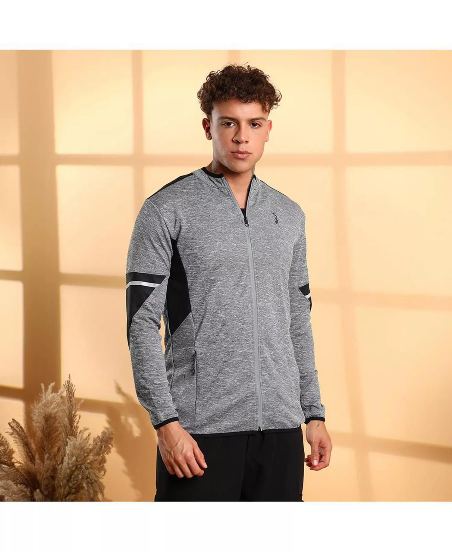 Men's Grey Heathered Activewear Jacket With Contrast Detail - Grey - L