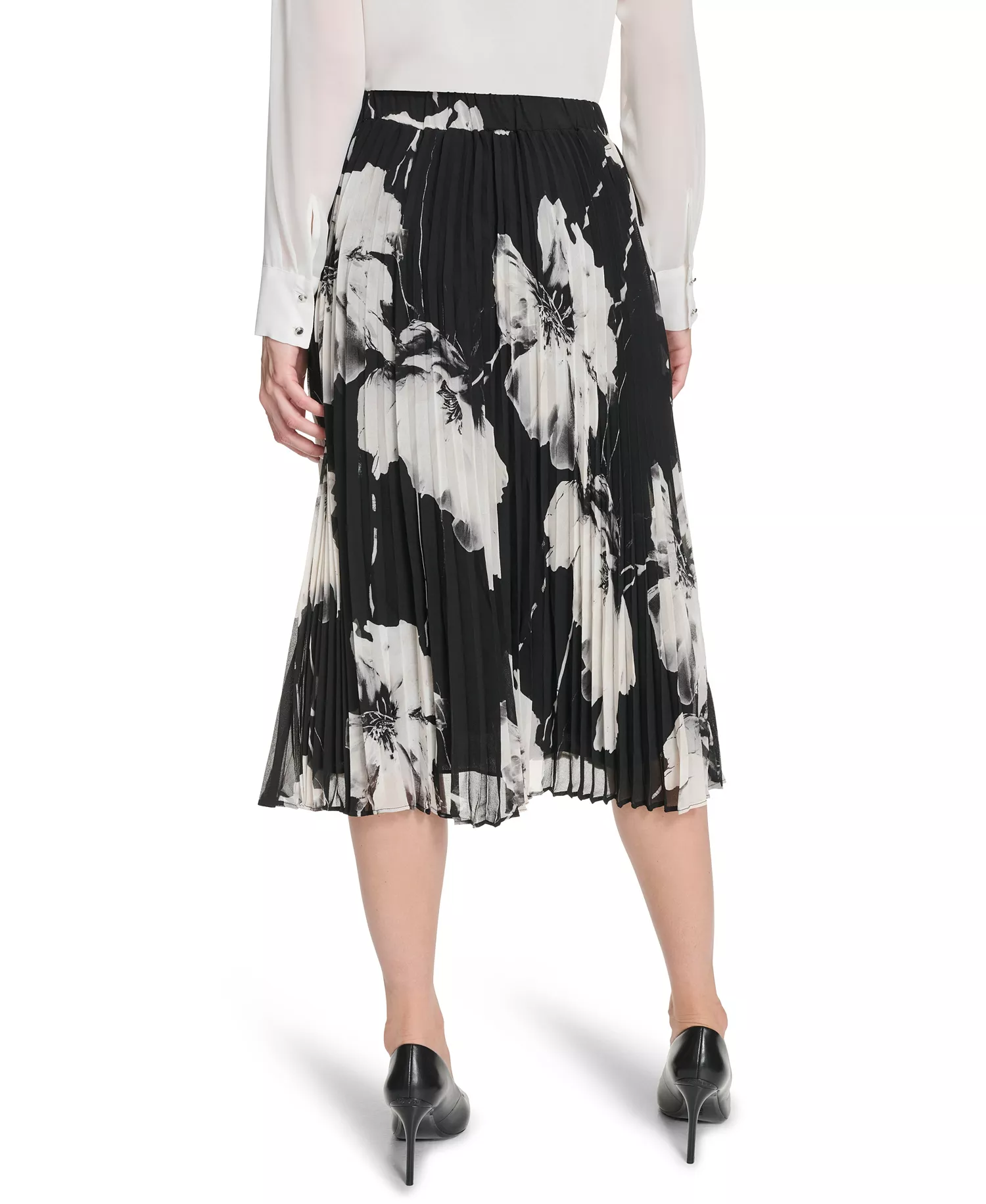 Women's Pleated Printed Midi Skirt - Black/white - 2