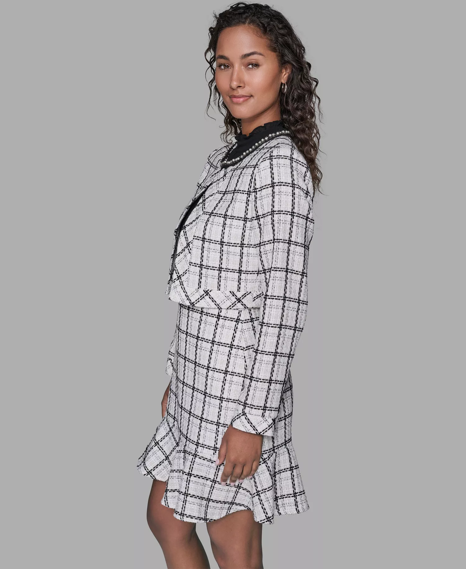 Women's Metallic Glen Plaid Tweed Jacket - Soft White/Black Multi - 10