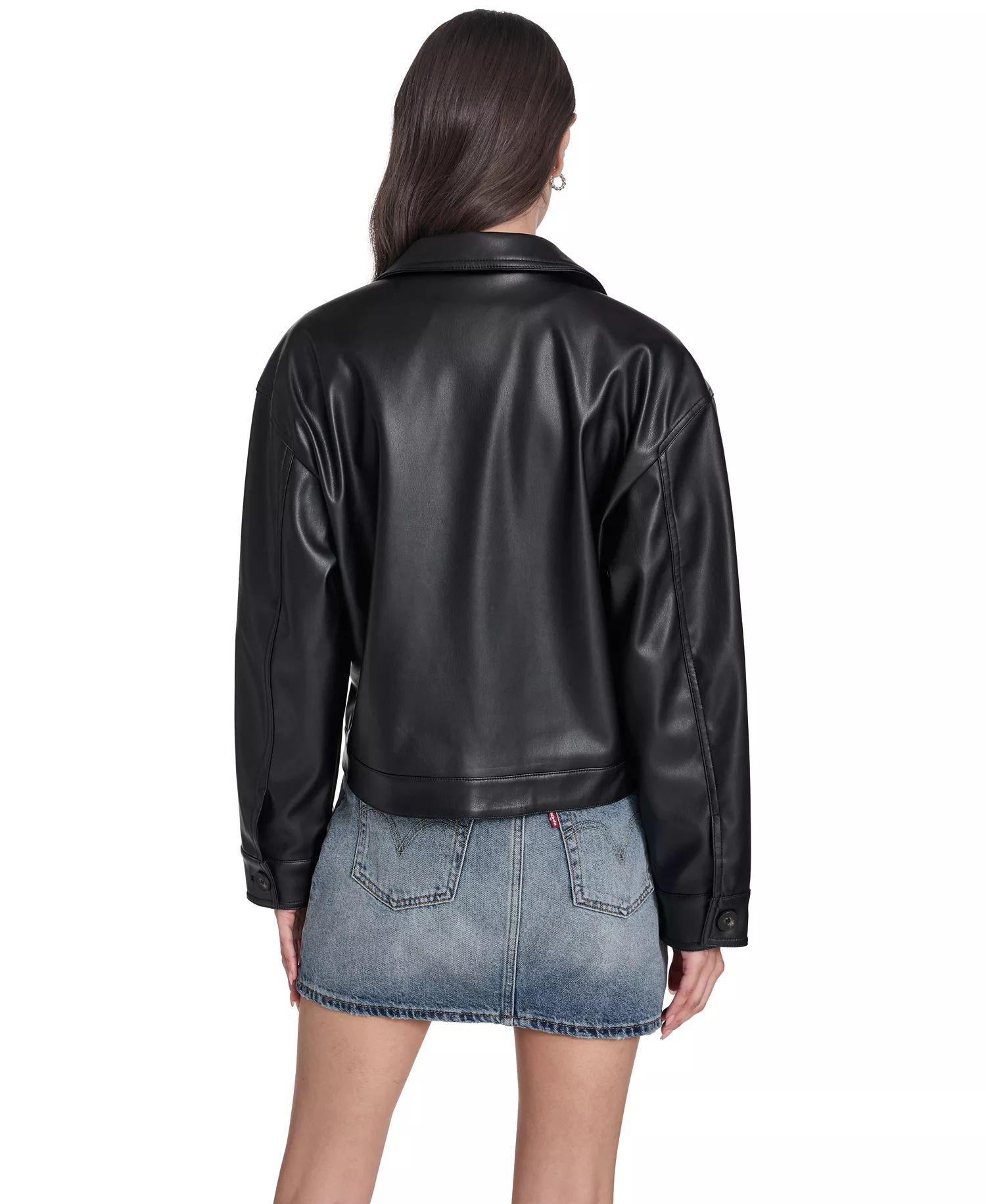 Women's Faux Leather Button Closure Shacket - Black - L