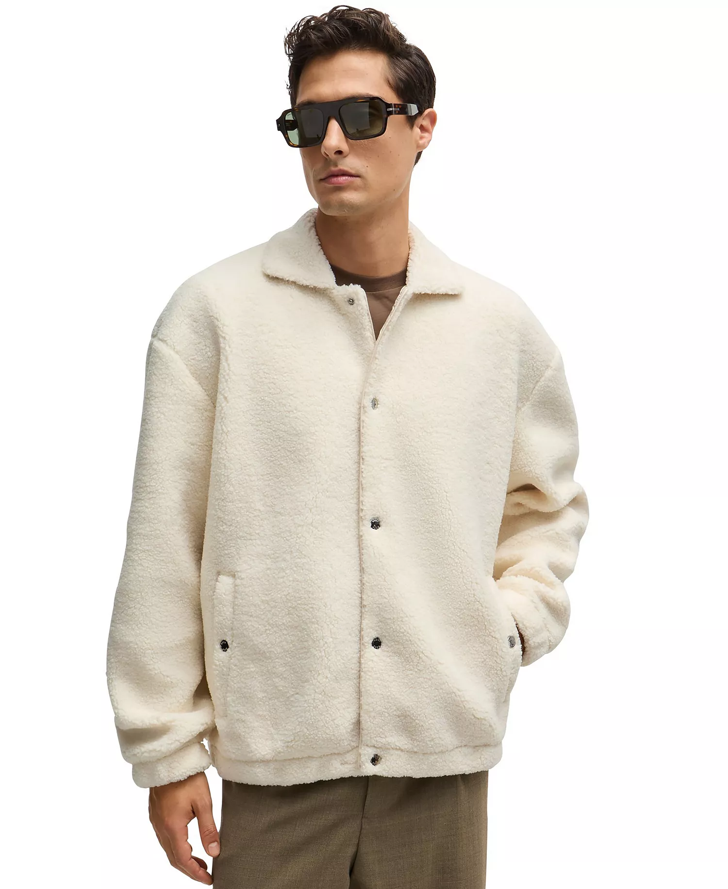 Men's Teddy Fabric Regular-Fit Jacket - Open White - 2XL