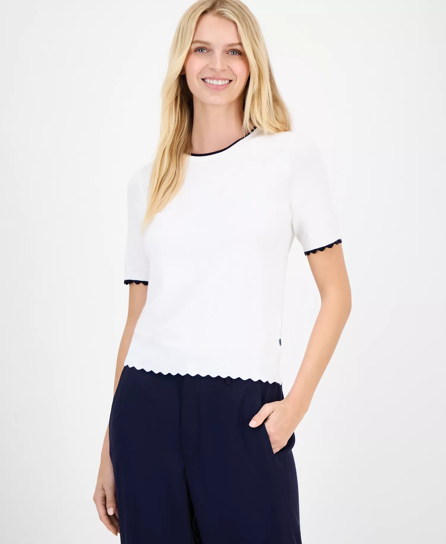 Nautica Women's Scallop-Trim Short Sleeve Crewneck Sweater - Bright White/ Night Sky - L