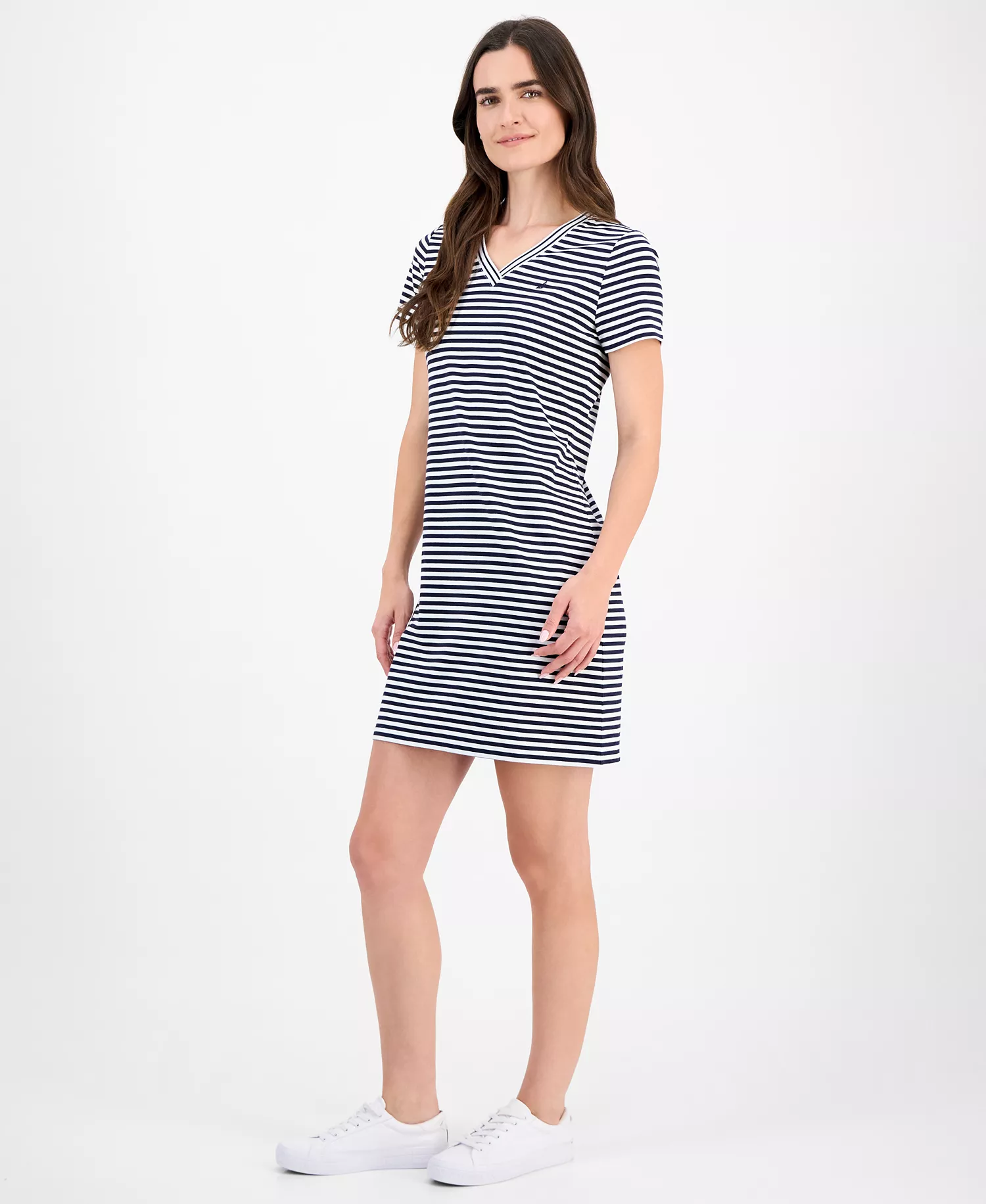Nautica Women's Striped V-Neck T-Shirt Dress - Night Sky/ Bright White - L