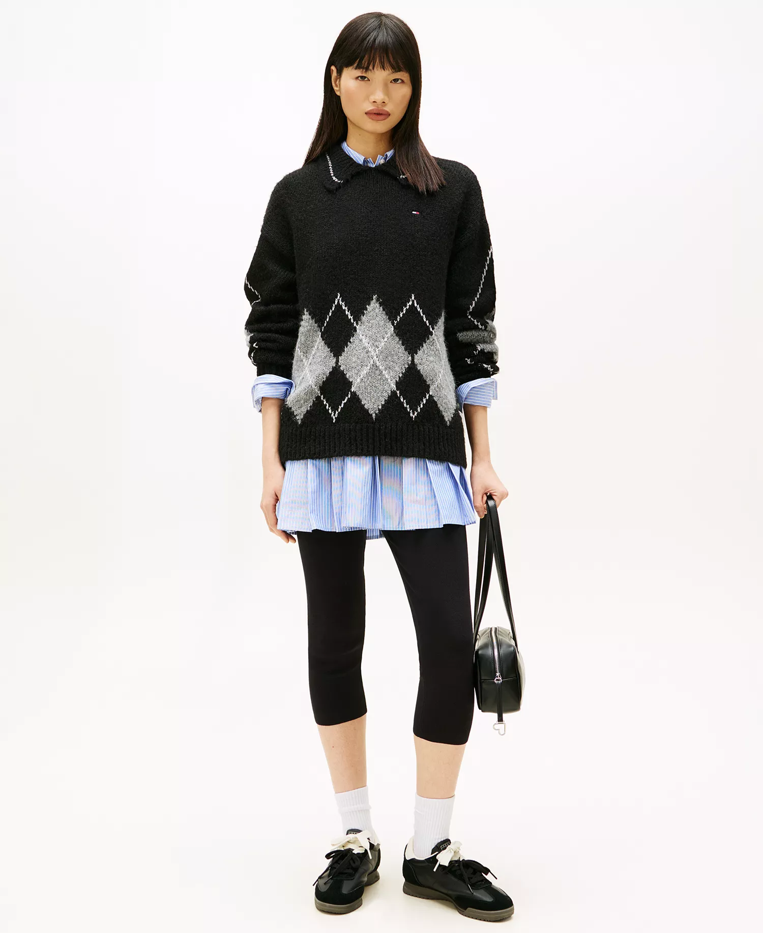 Women's Oversized Argyle Polo Collar Sweater - Black - S