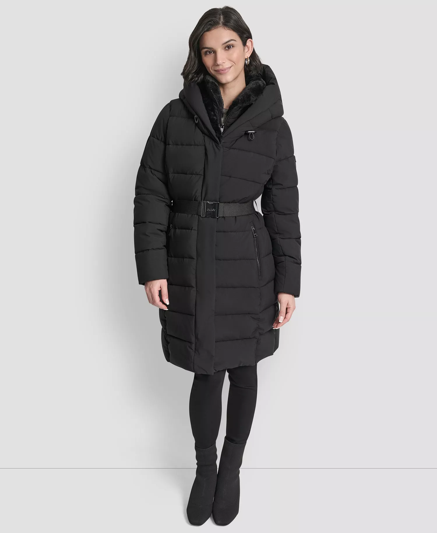 Women's Belted Asymmetrical Zip Front Puffer Coat - Black - M