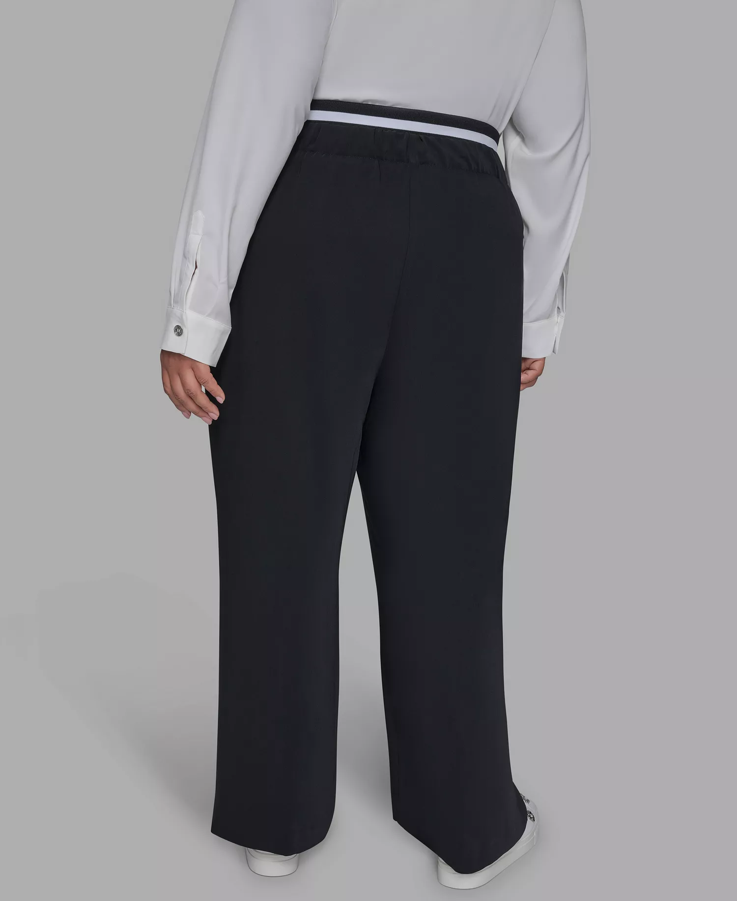Plus Size Double Waistband Long Casual Pants - Black - 0X