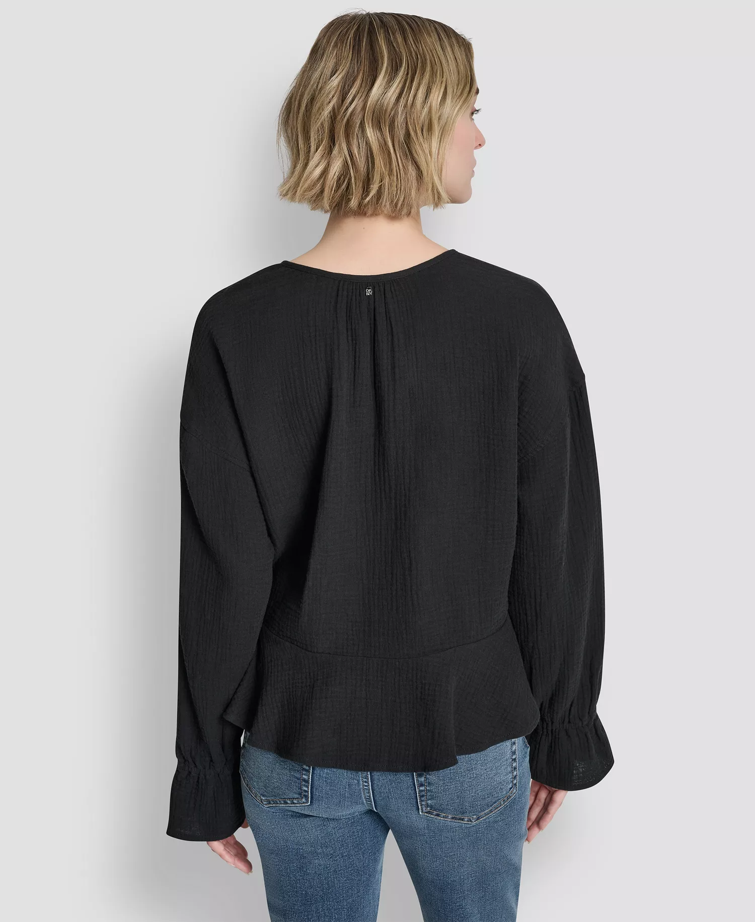 Women's Long-Sleeve Double Crepe Gauze Tie Neck Crop Top - Black - L