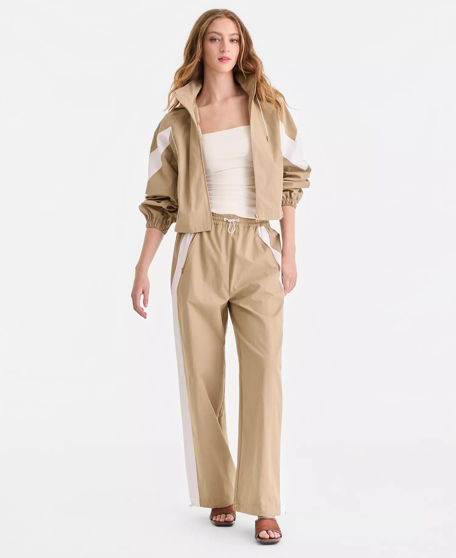 Women's Nylon Hooded Track Jacket, Macy's Exclusive - Khaki - L