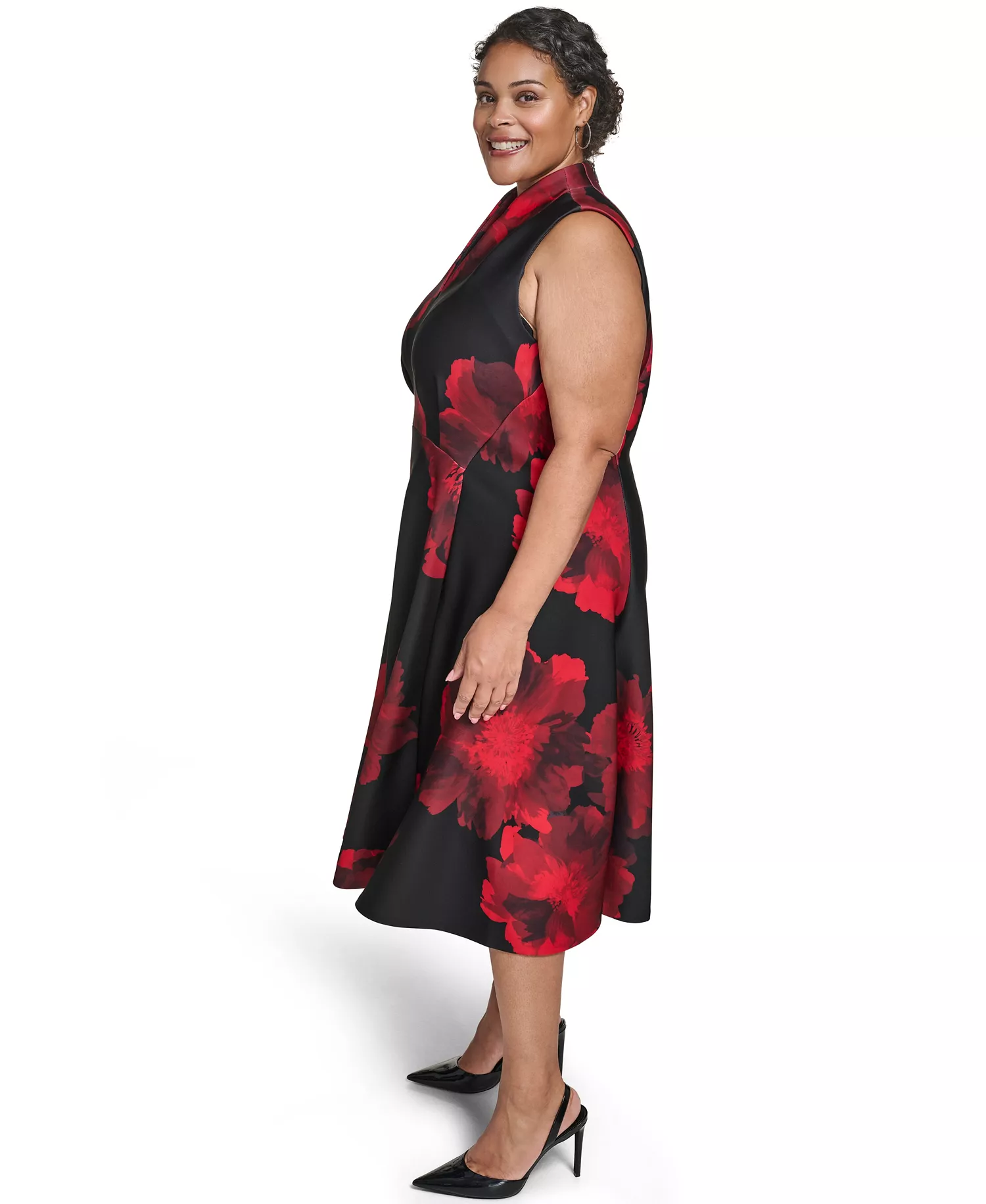 Petite Floral Fit and Flare Dress - Black/red Multi - 0P