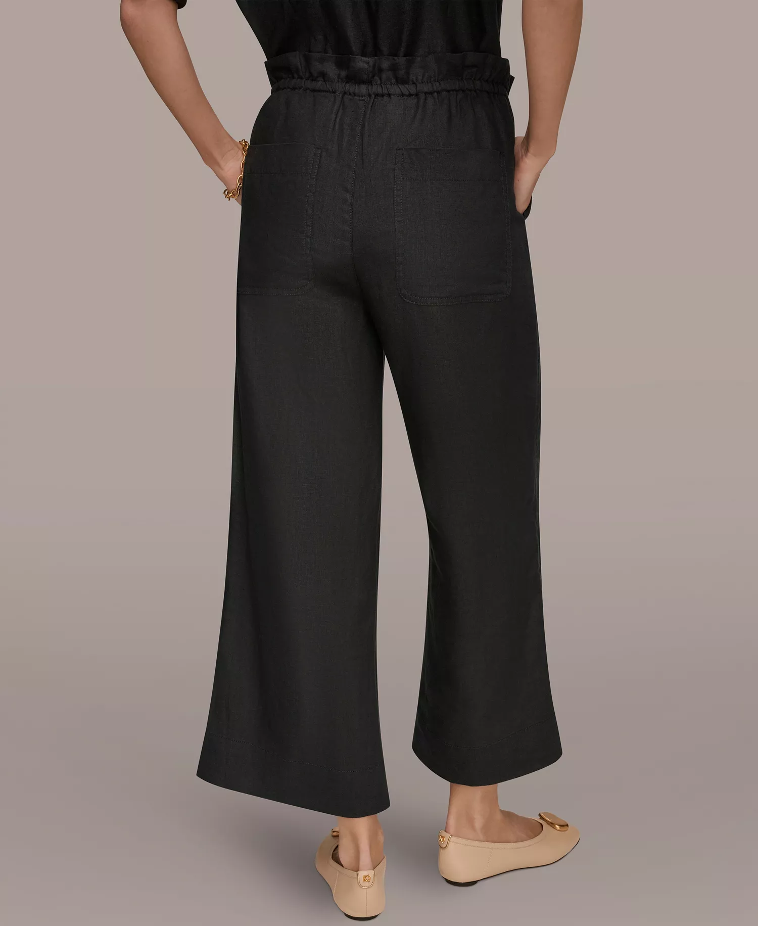 Women's Linen High-Rise Paper Bag Waist Pants - Black - L