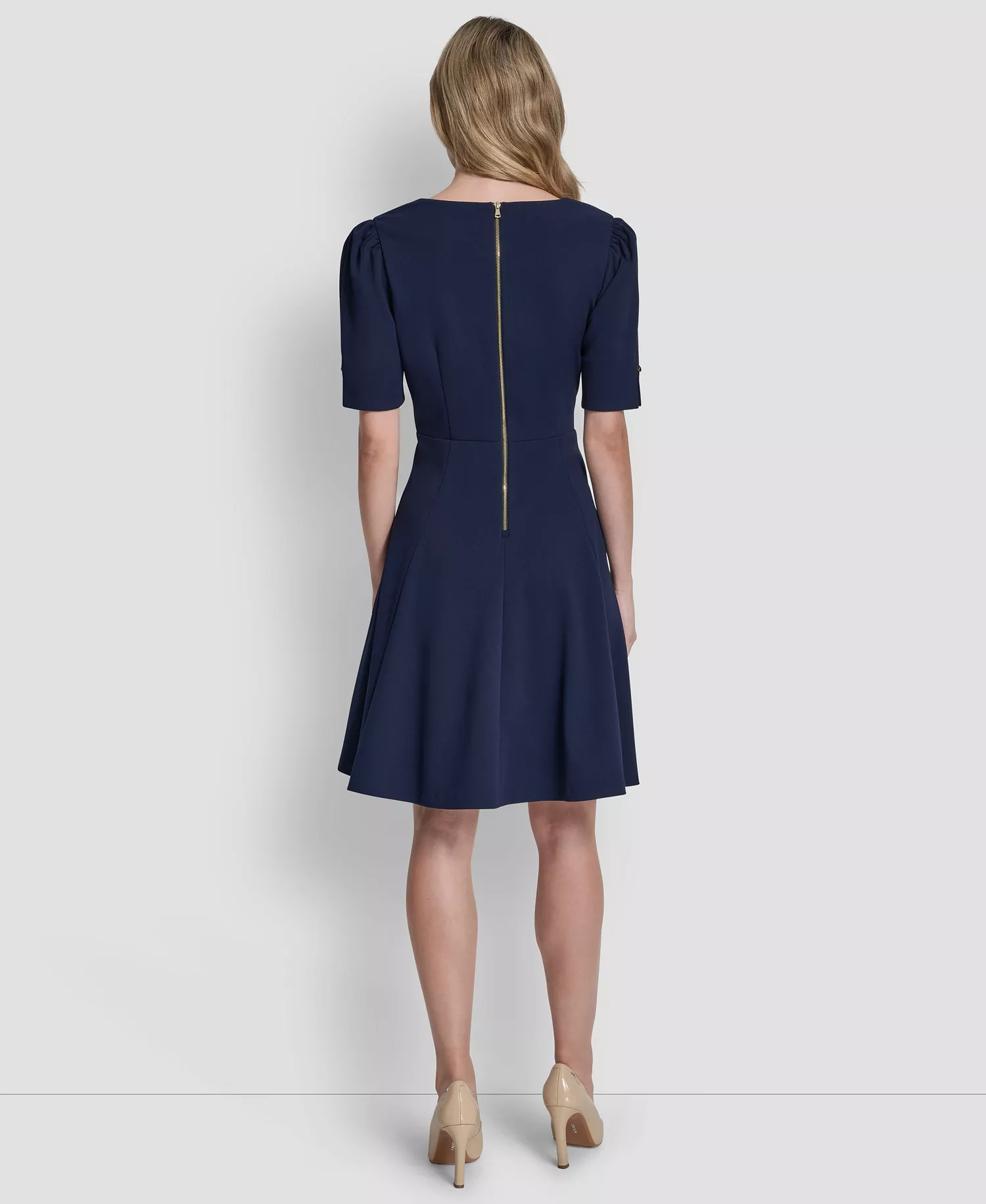 Women's Short-Sleeve V-Neck Fit and Flare Scuba Crepe Dress - Spring Navy - 10