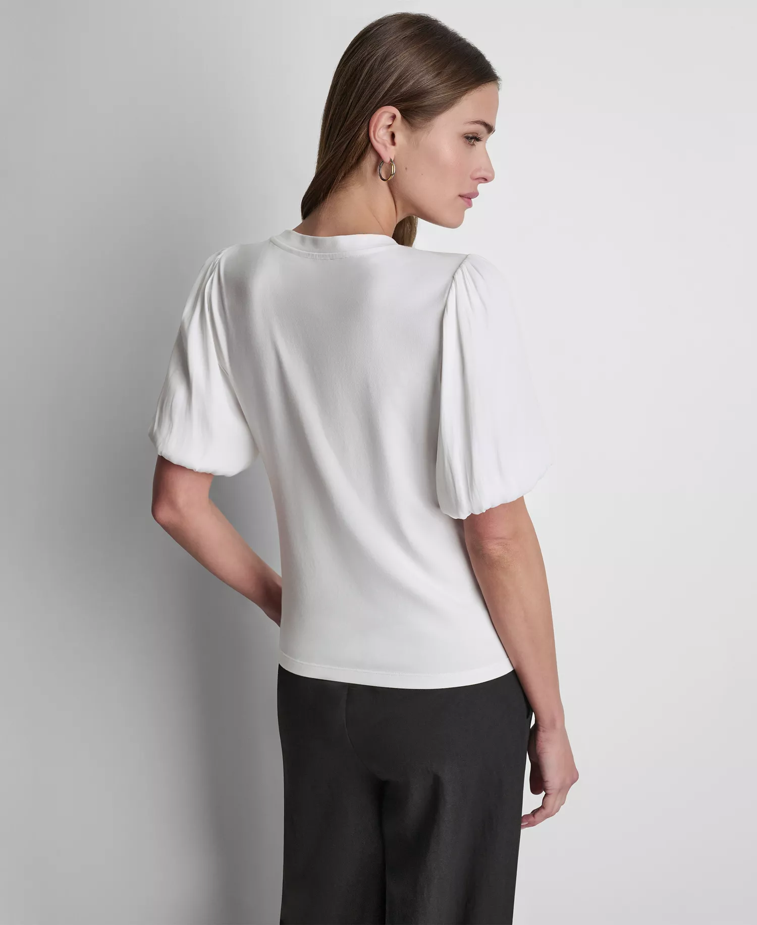 Women's Puffed Crew Neck Mix Media Knit Top - Black - L