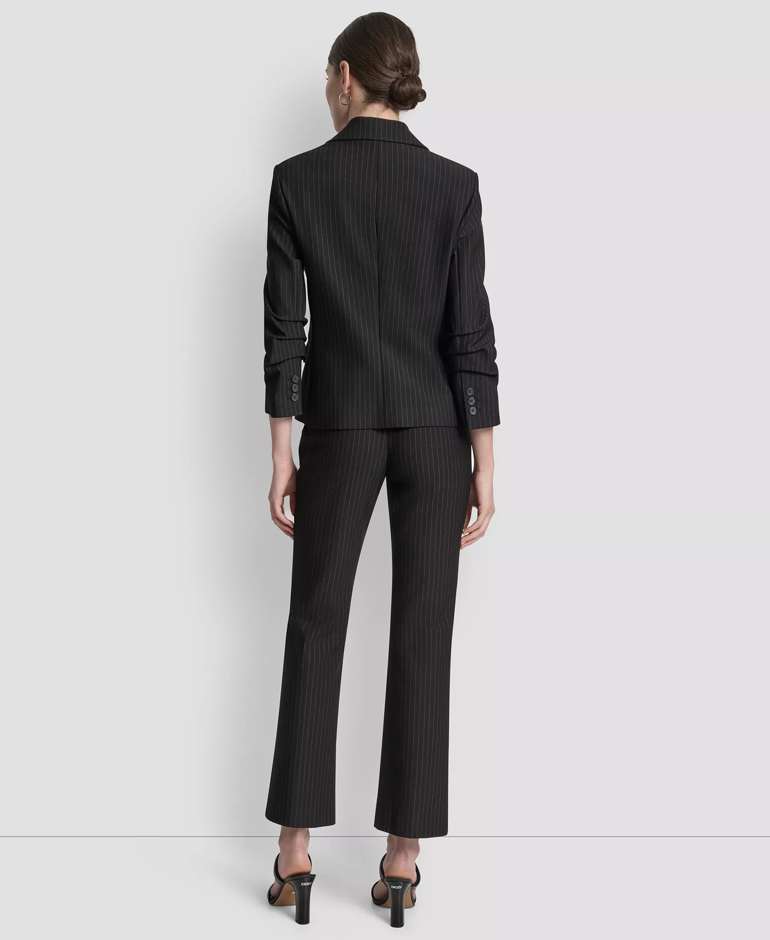 Women's Pinstripe Ruched-Sleeve One-Button Blazer - Black Pinstripe - 10