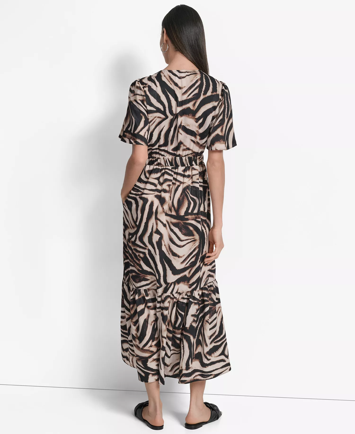 Women's Printed V-Neck Short-Sleeve Maxi Dress - Blurred Zebra - XS