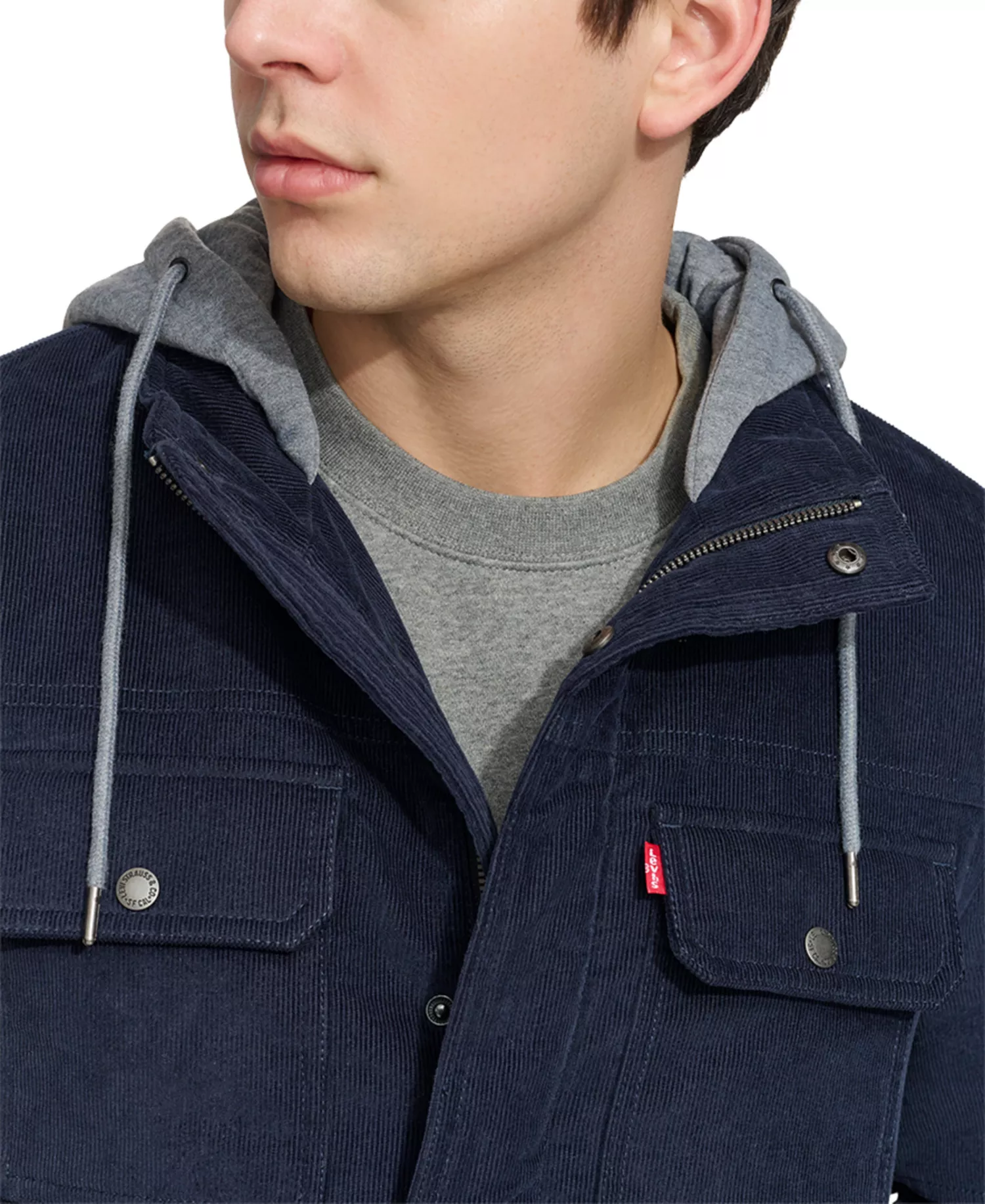 Men's Hooded Corduroy Zip Jacket - Navy - 2XL