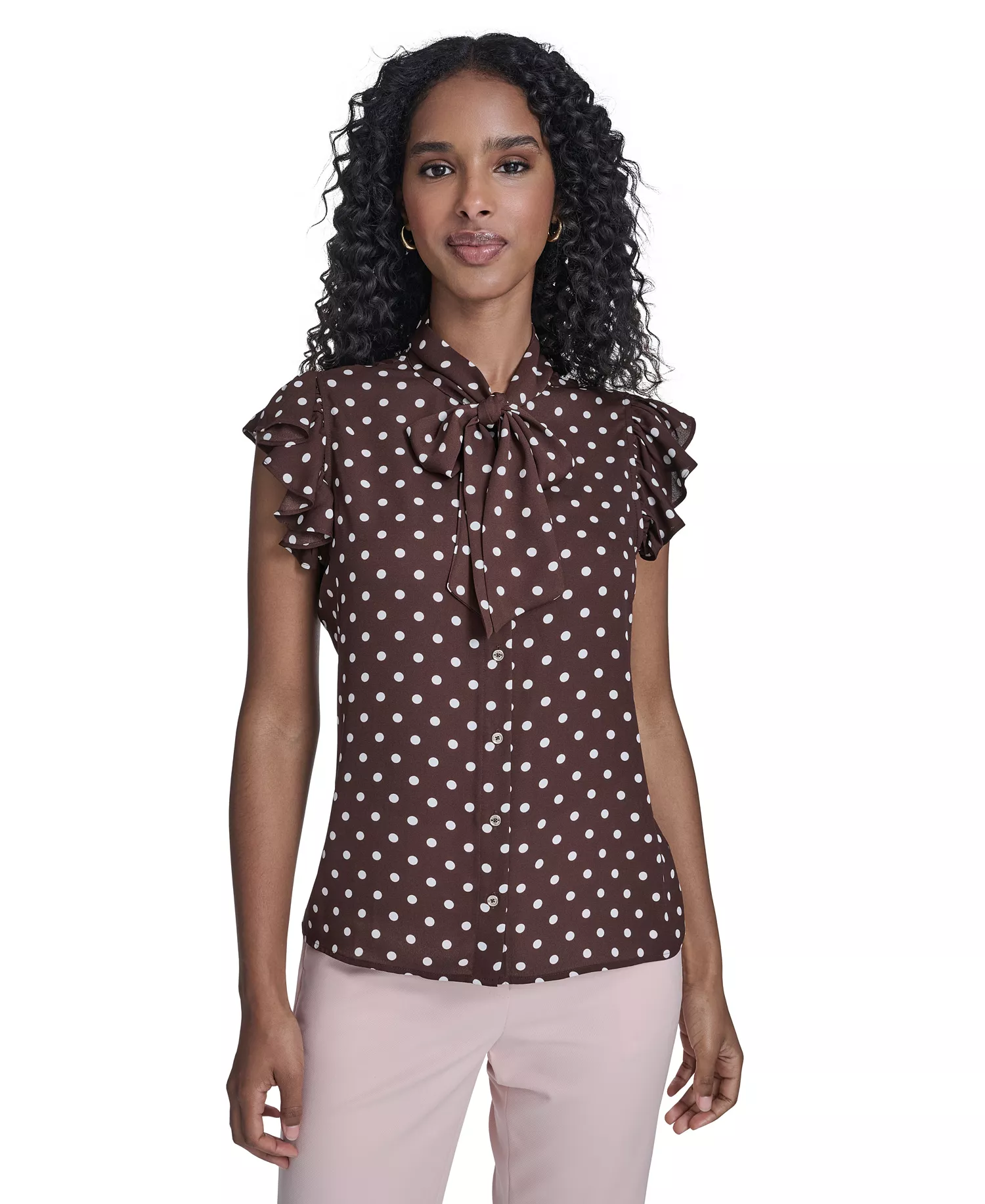 Women's Dot Tie Neck Top - Chicory/ Ivory - L