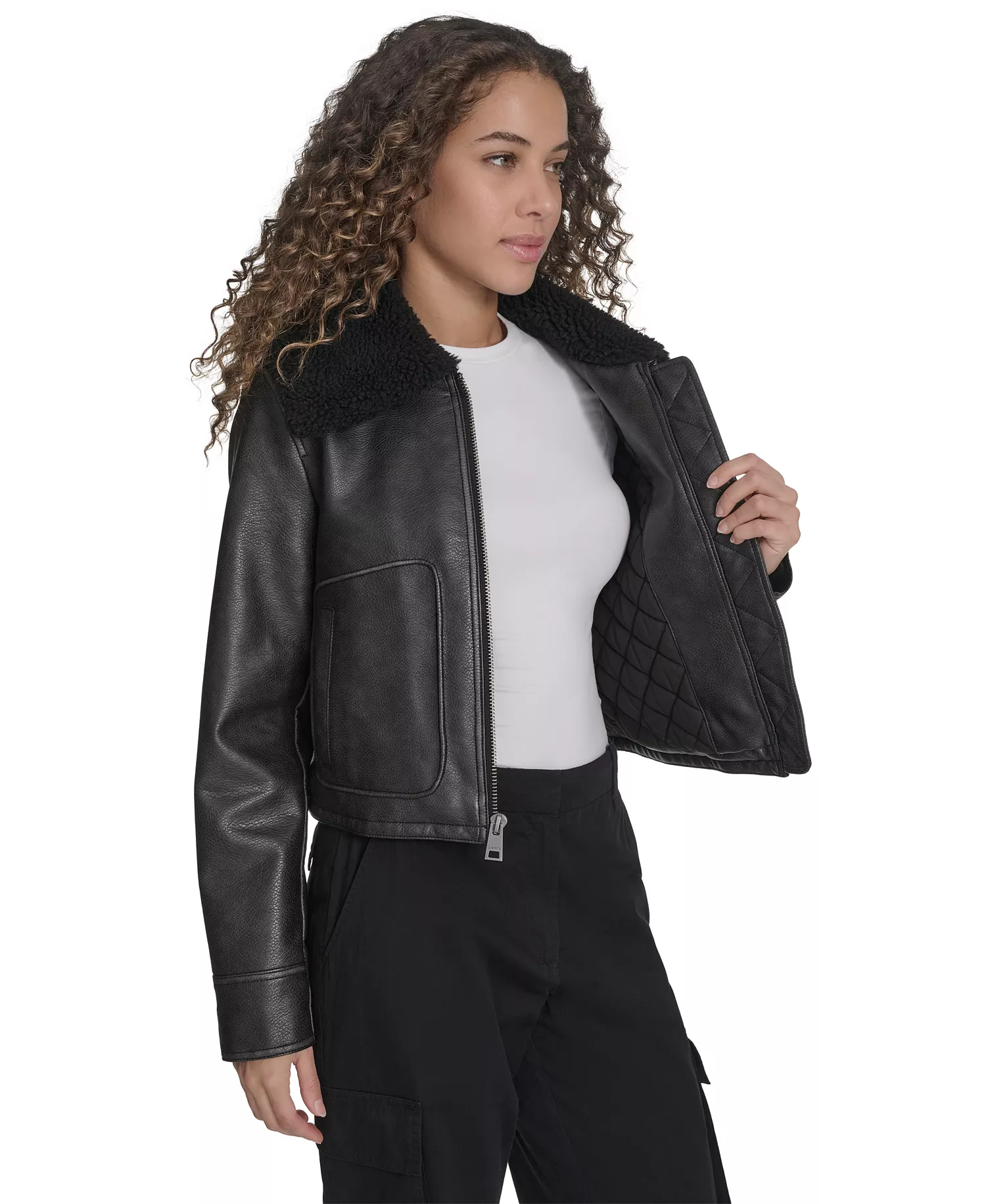 Women's Regular Faux Leather Aviator Jacket - Black - L