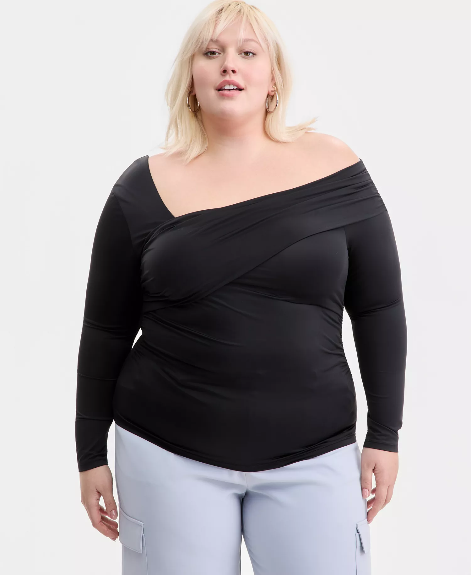 Trendy Plus Size Asymmetrical-Neck Long-Sleeve Top, Macy's Exclusive - Black - 0X