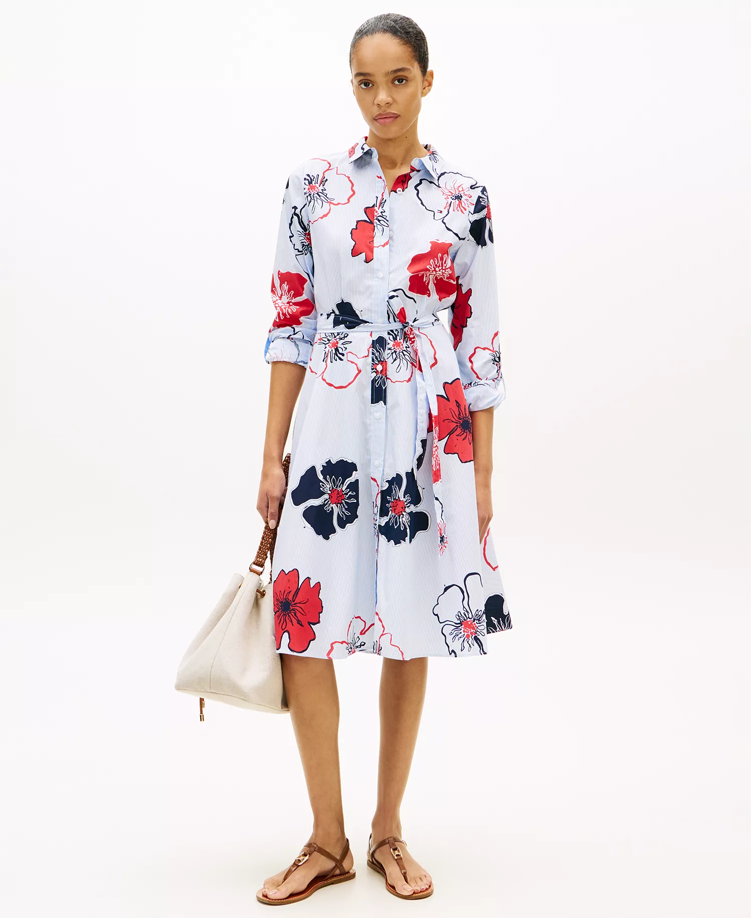 Women's Classic Poplin Long-Sleeve Shirt Dress - Ithaca Poppy Print - L