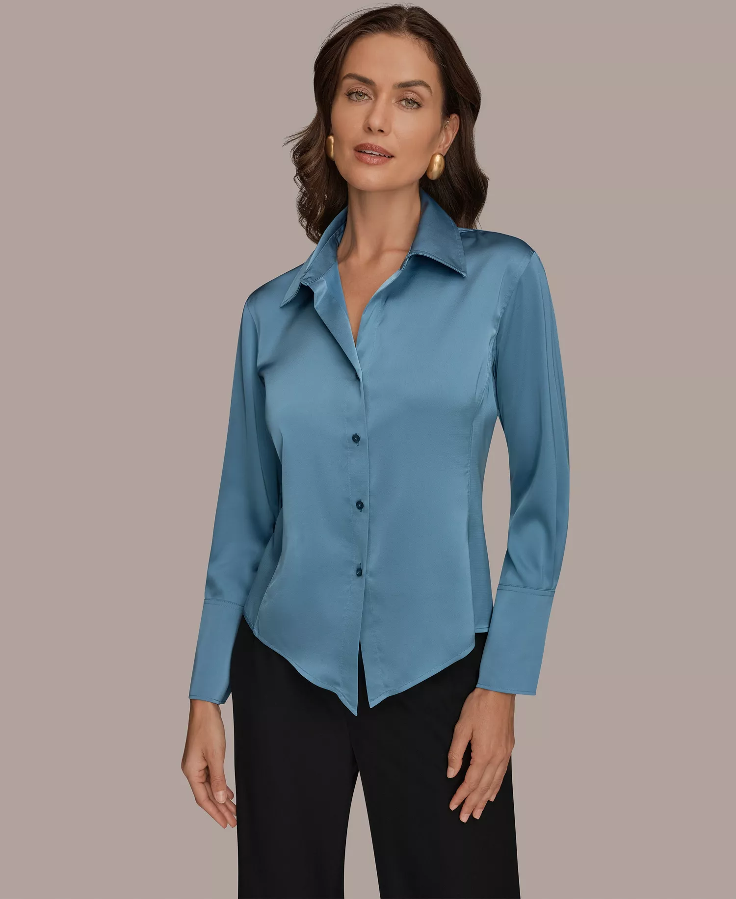 Women's Collared Long-Sleeve Blouse - Washed Indigo - L