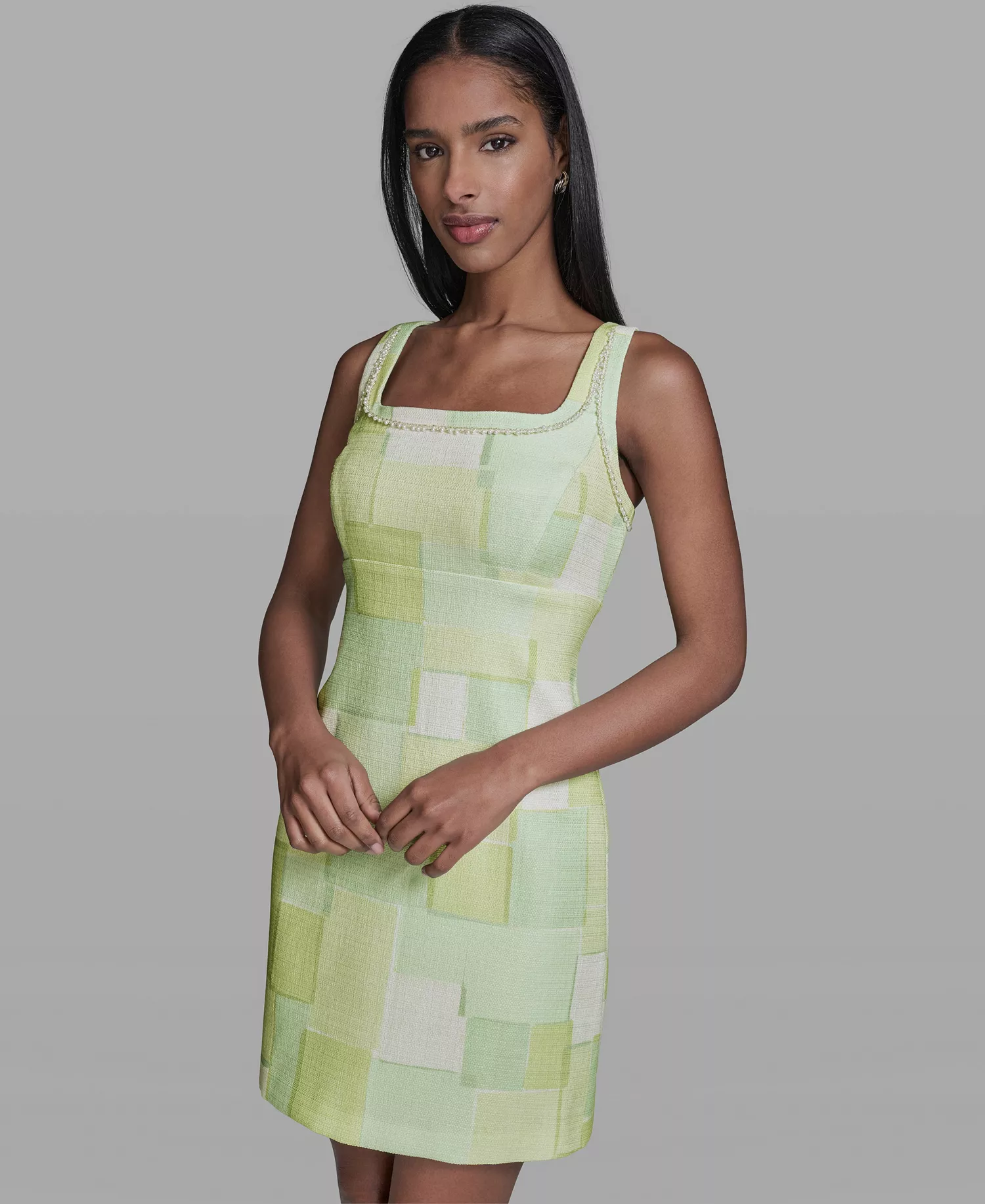 Women's Printed Square Neck Tweed Sheath Dress - Tea Green/Soft White Multi - 0