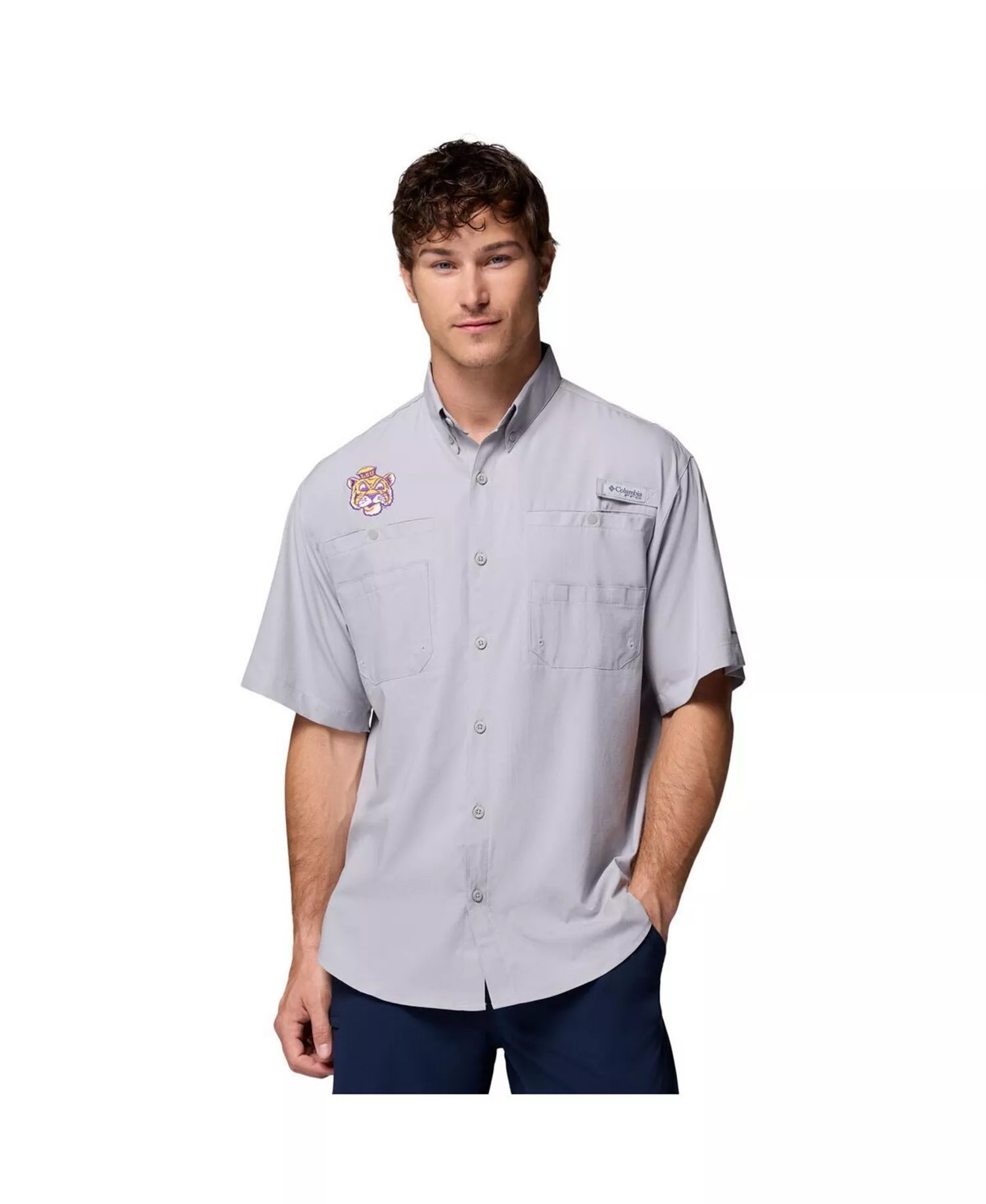 Men's Gray LSU Tigers Tamiami Omni-Shade Button-Down Shirt - Gray - L