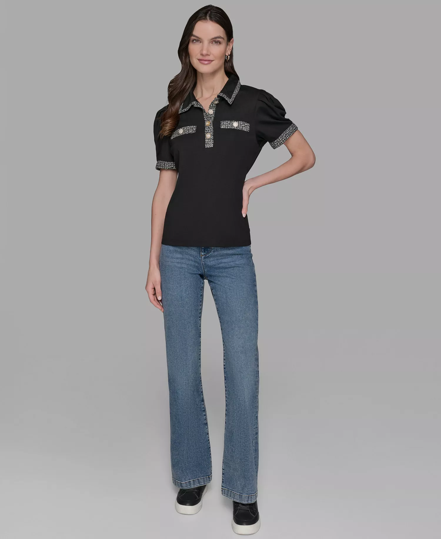 Women's Short Sleeve Tweed Trim Knit Top - Black - L